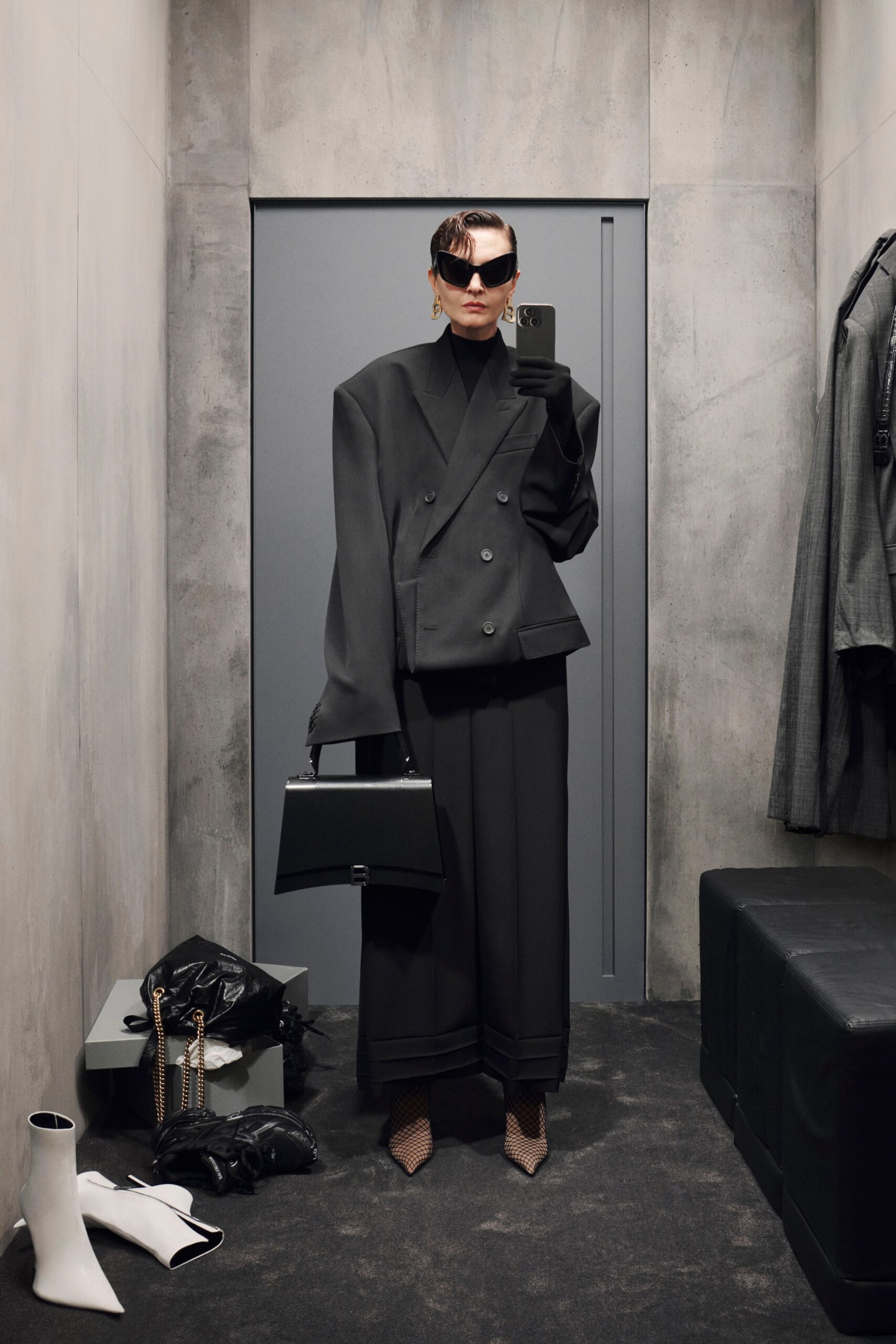 oversized black blazer with wide-leg pants