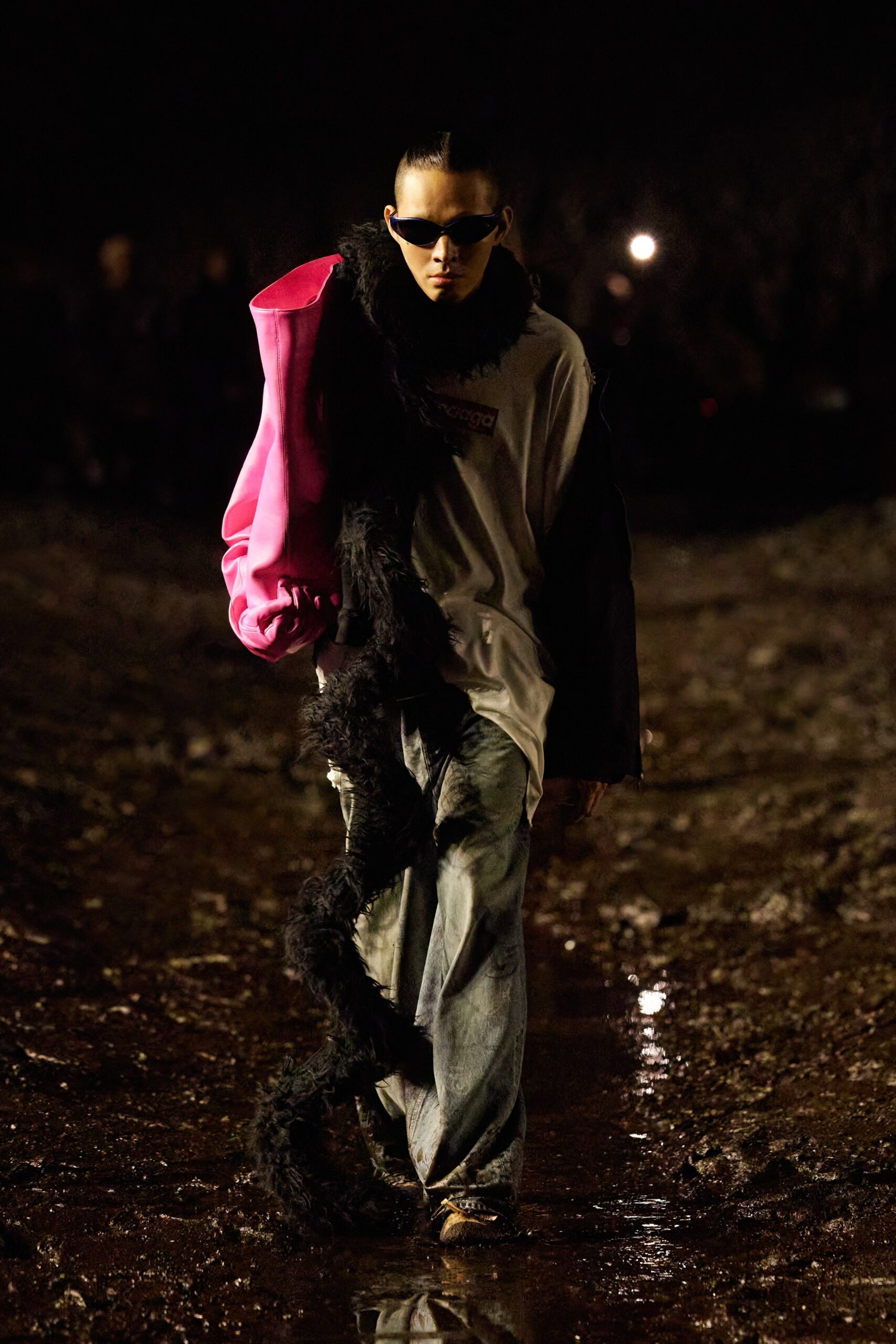 relaxed white t-shirt with oversized pink coat