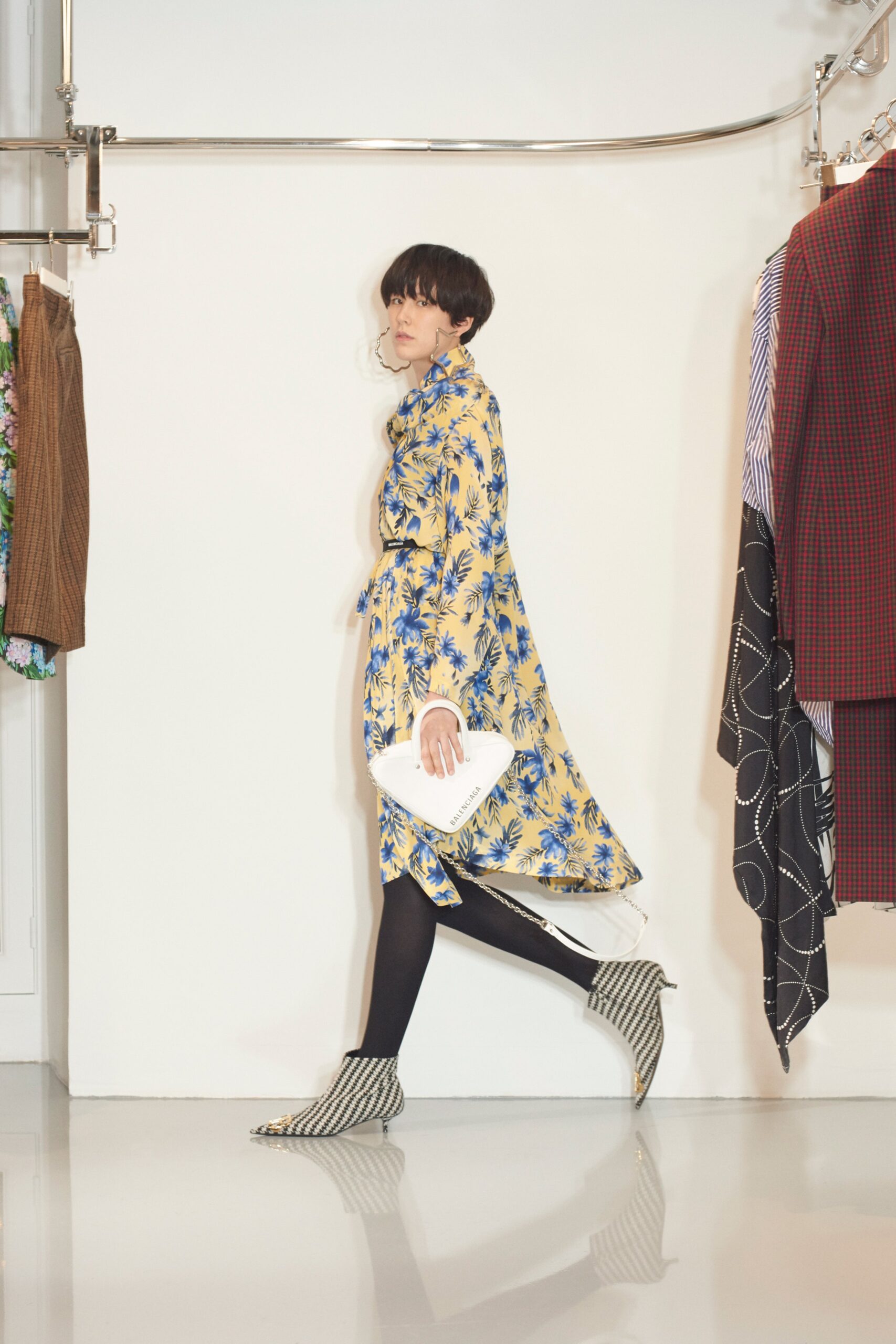 floral midi dress with striped boots