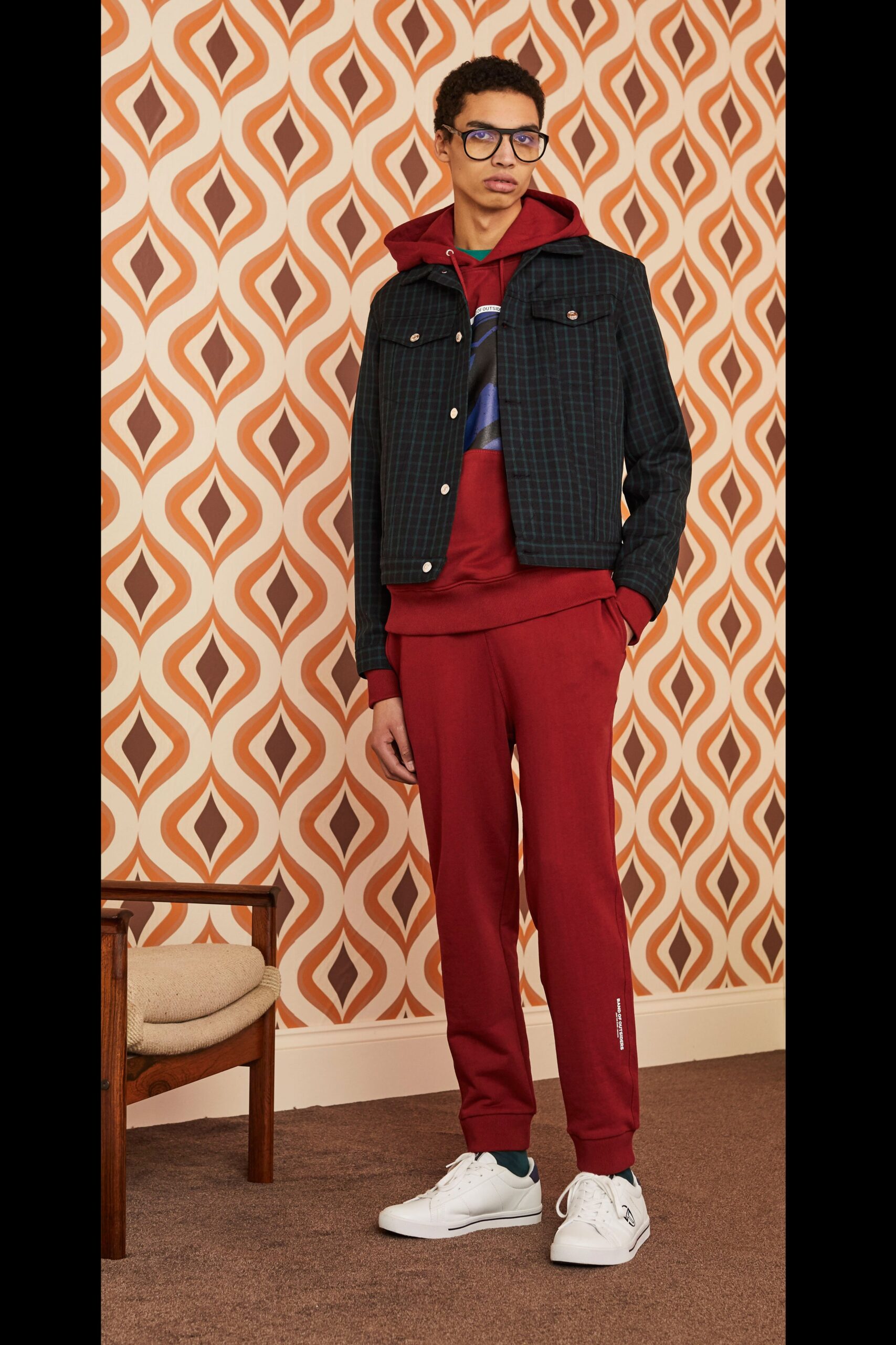 black checked jacket with red hoodie