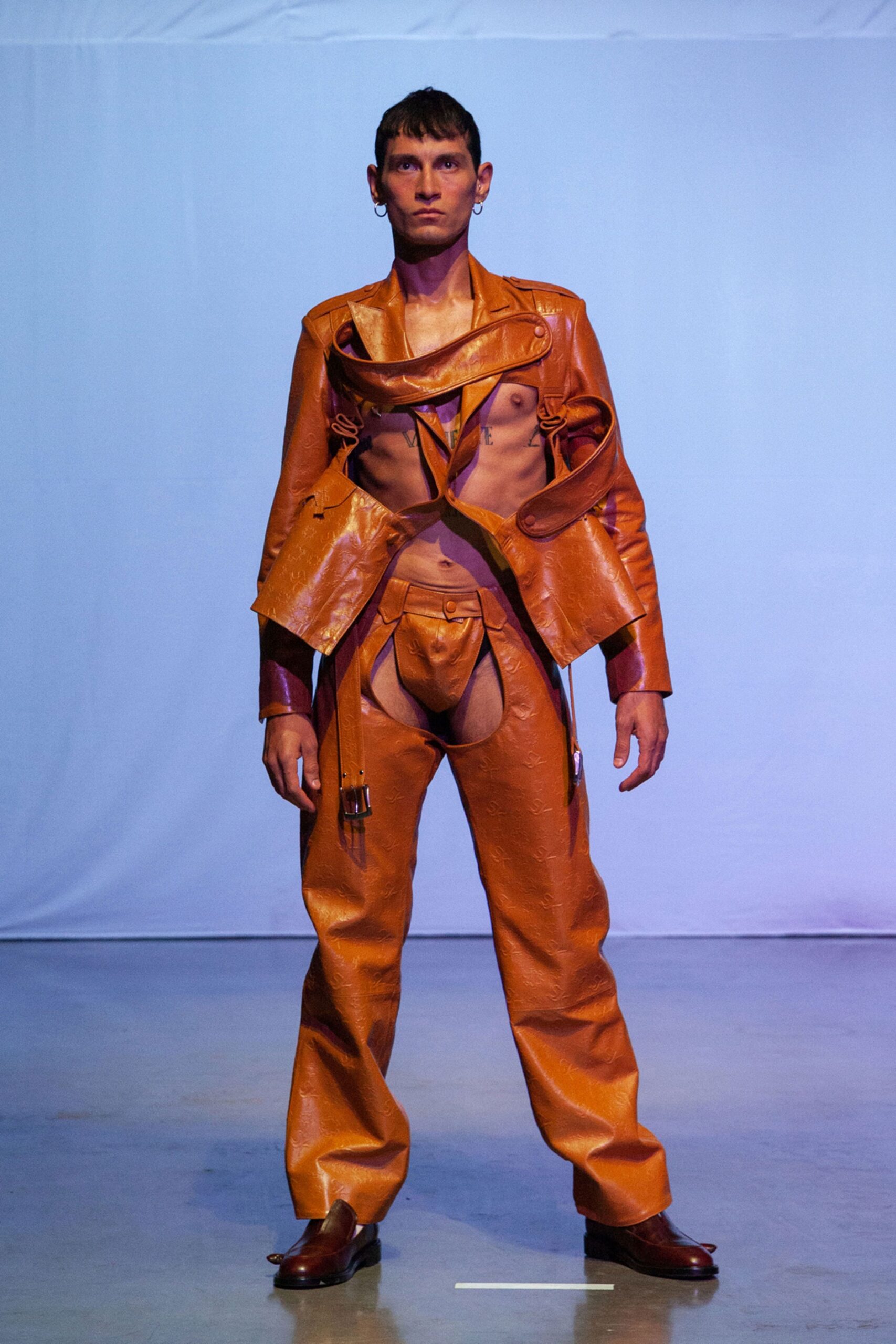 orange leather fitted straight-leg pants