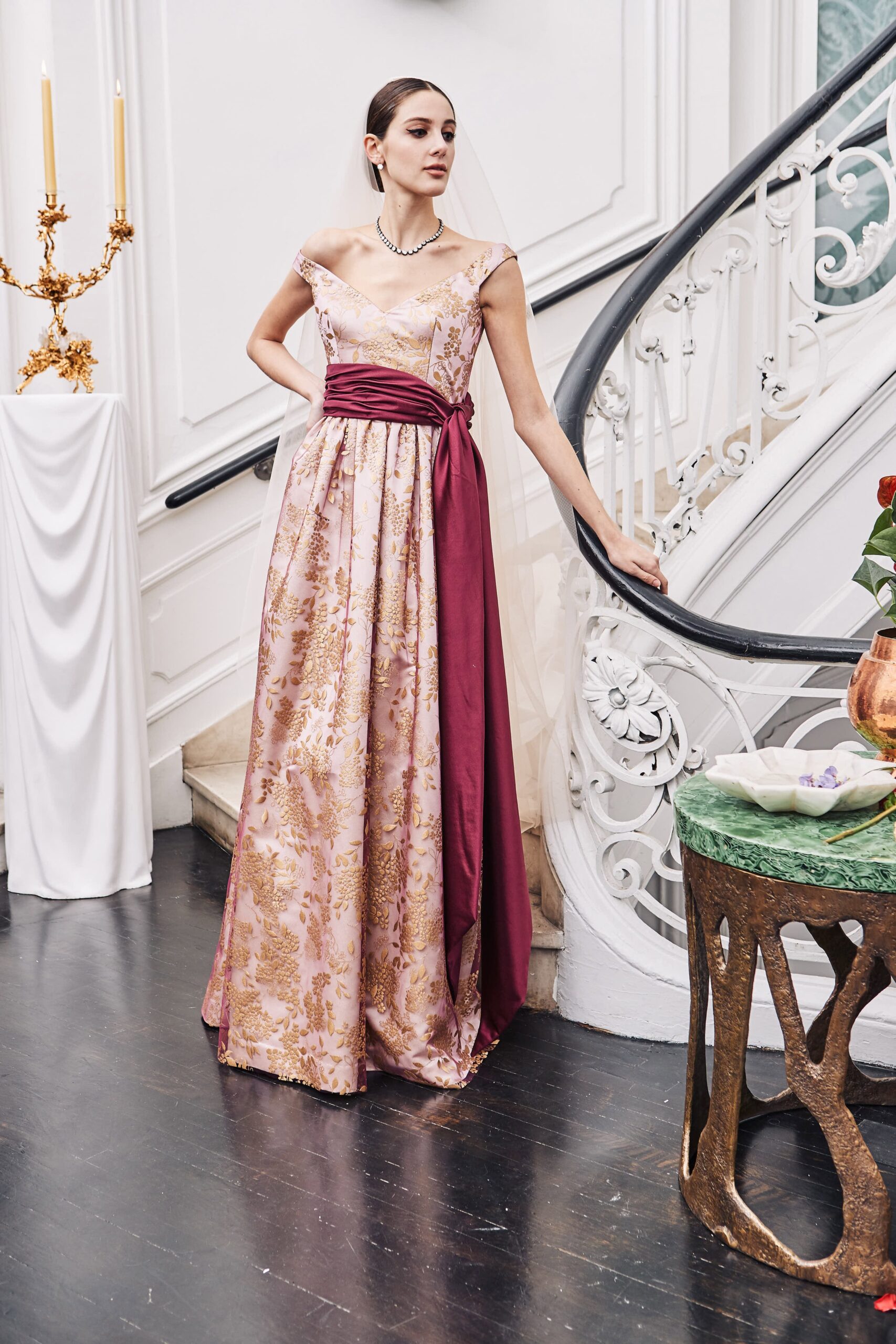 pink gold embroidered gown