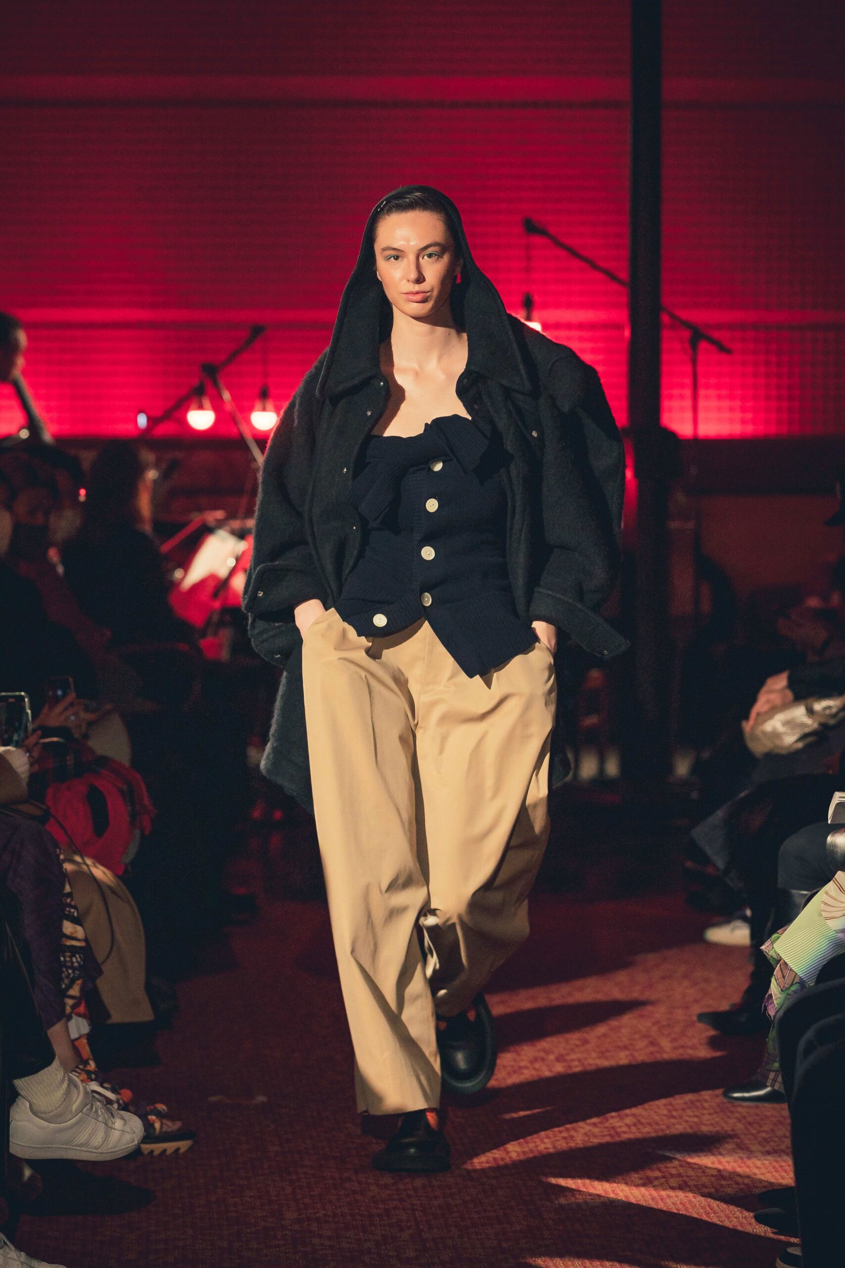 black wool long-sleeve collared oversized buttoned jacket