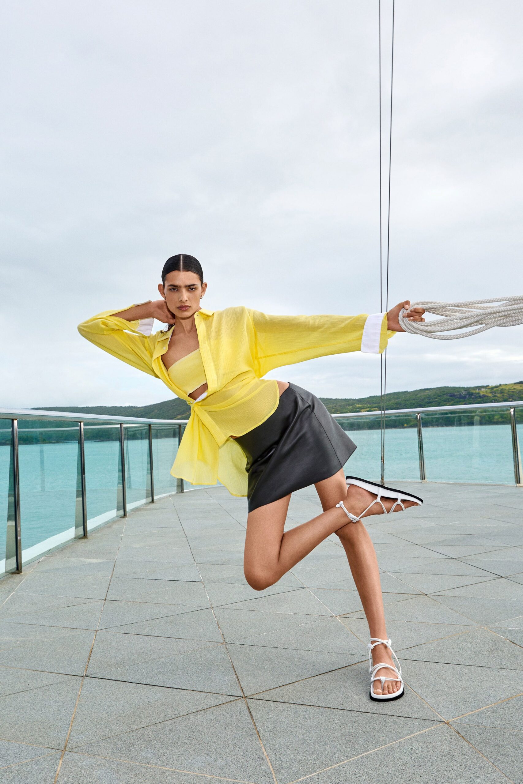 yellow cotton long-sleeve collared relaxed layered shirt