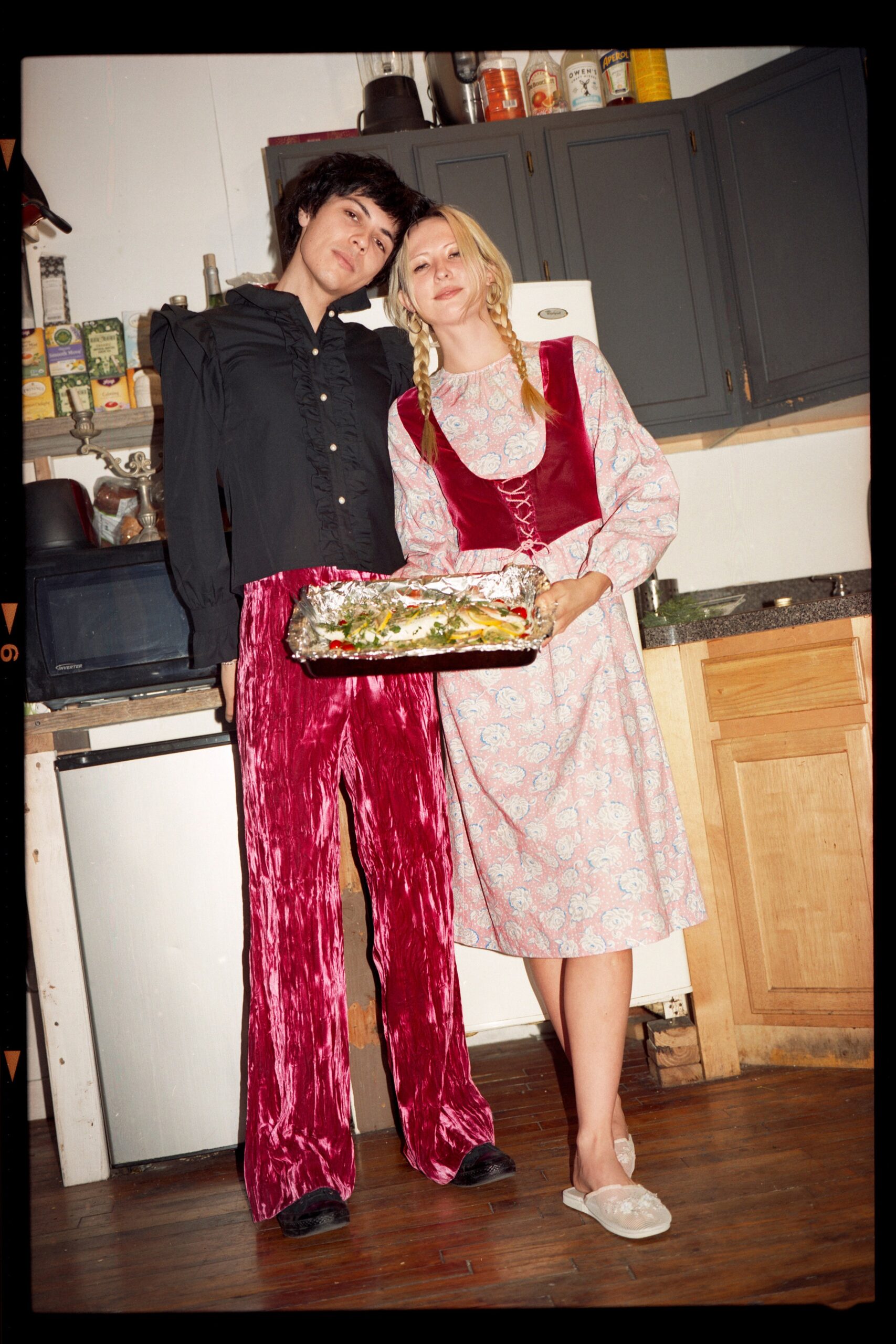 black blouse red velvet pants pink dress