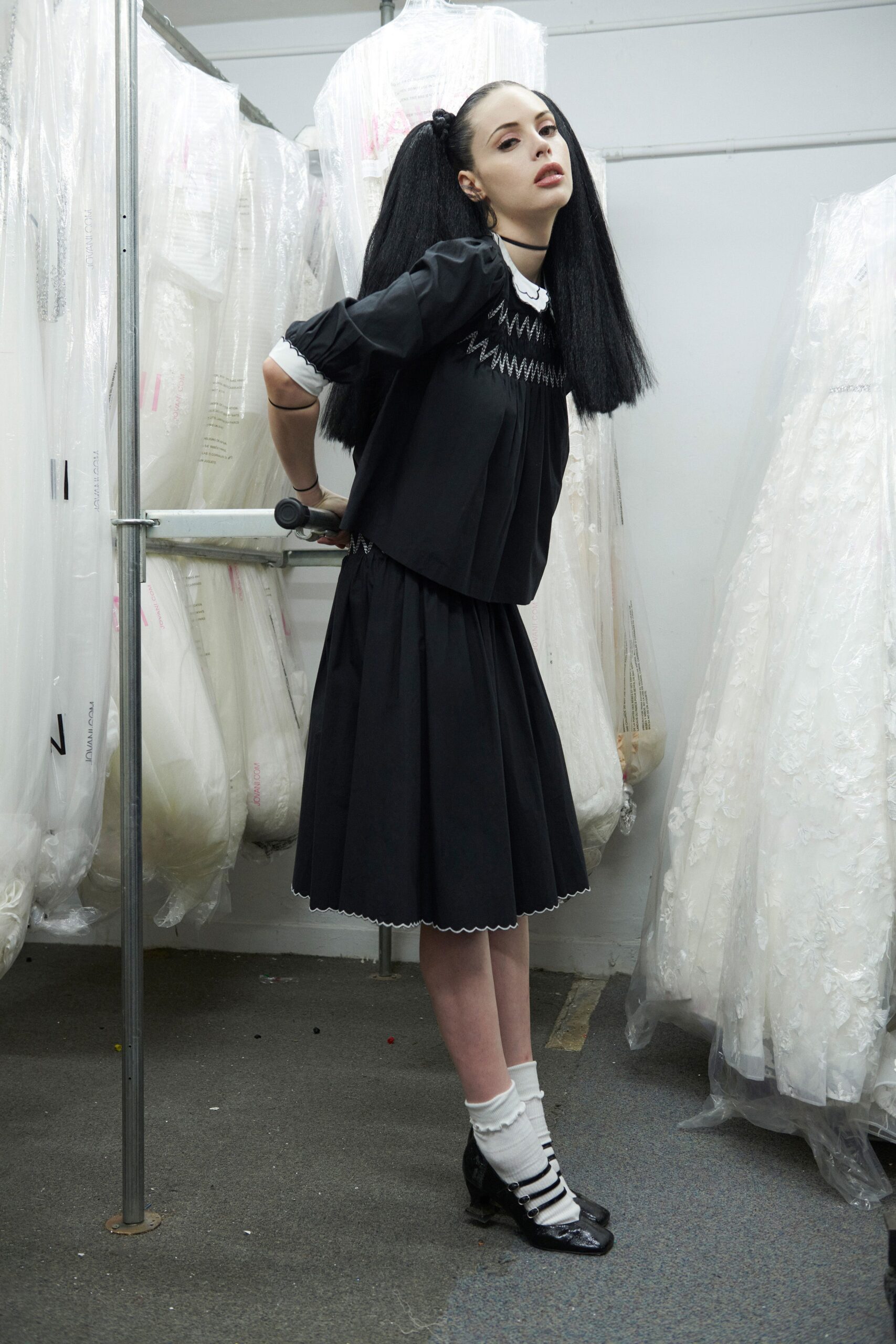 black pleated midi dress