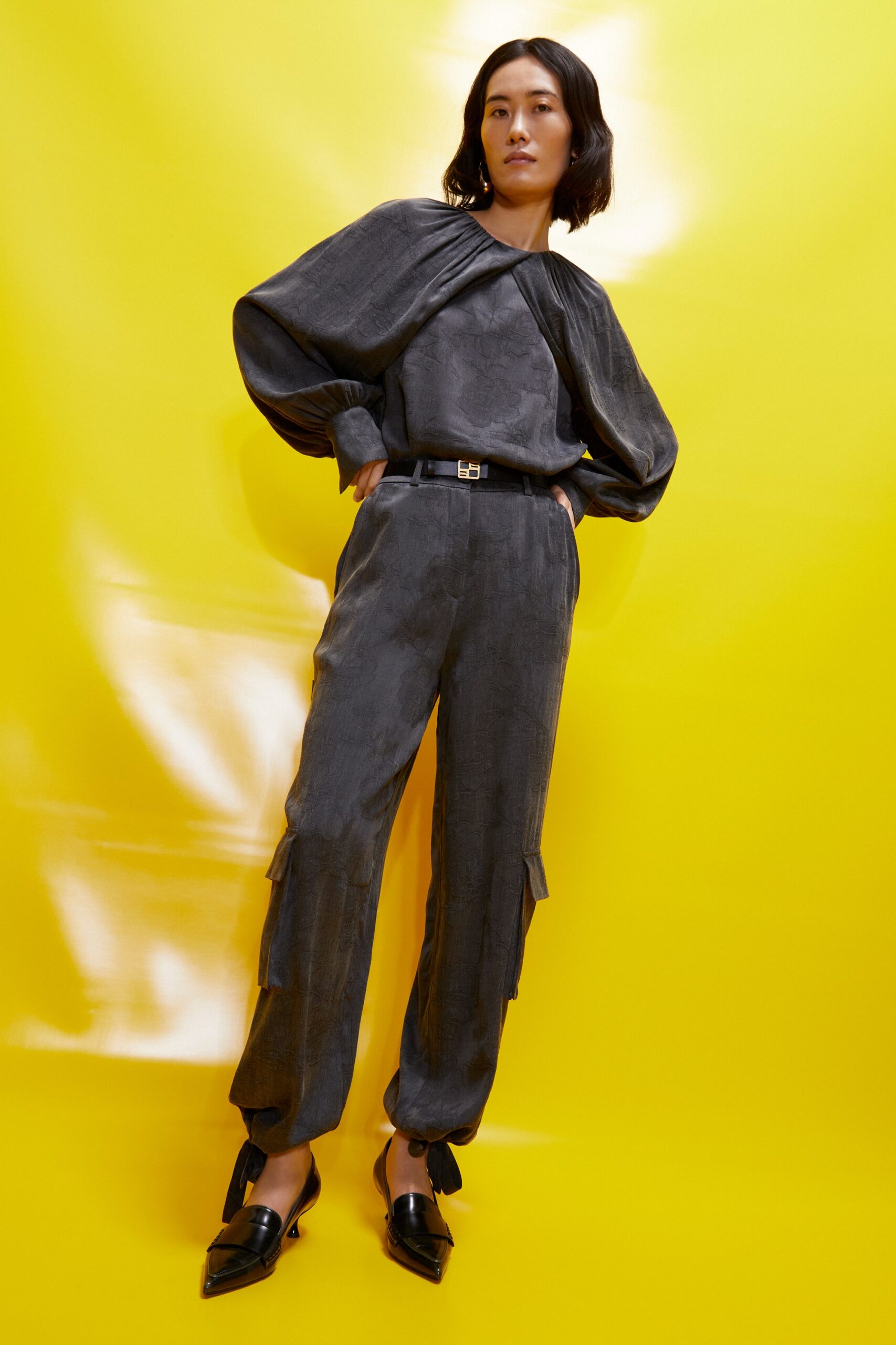 gray silk fitted jumpsuit