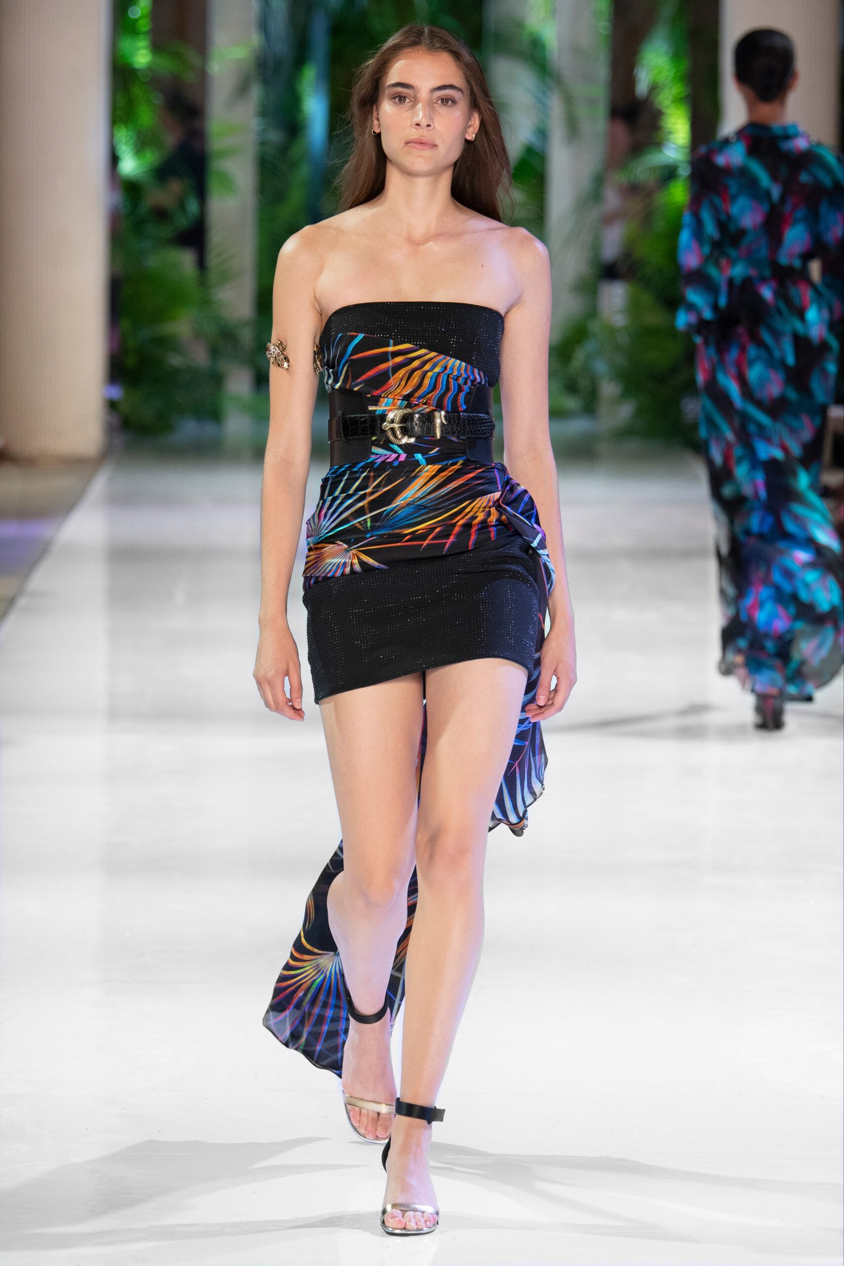 black multi-colored strapless dress