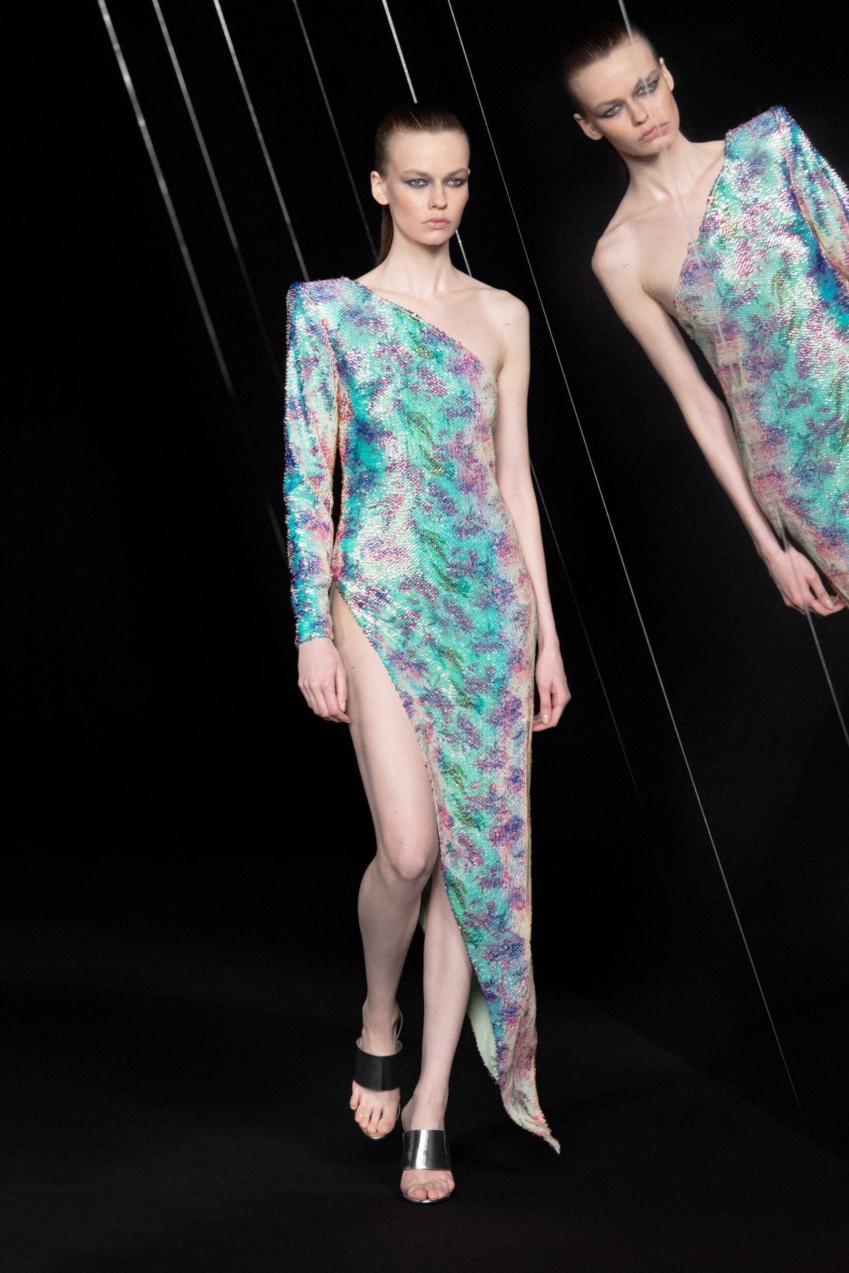 multi-colored asymmetric gown