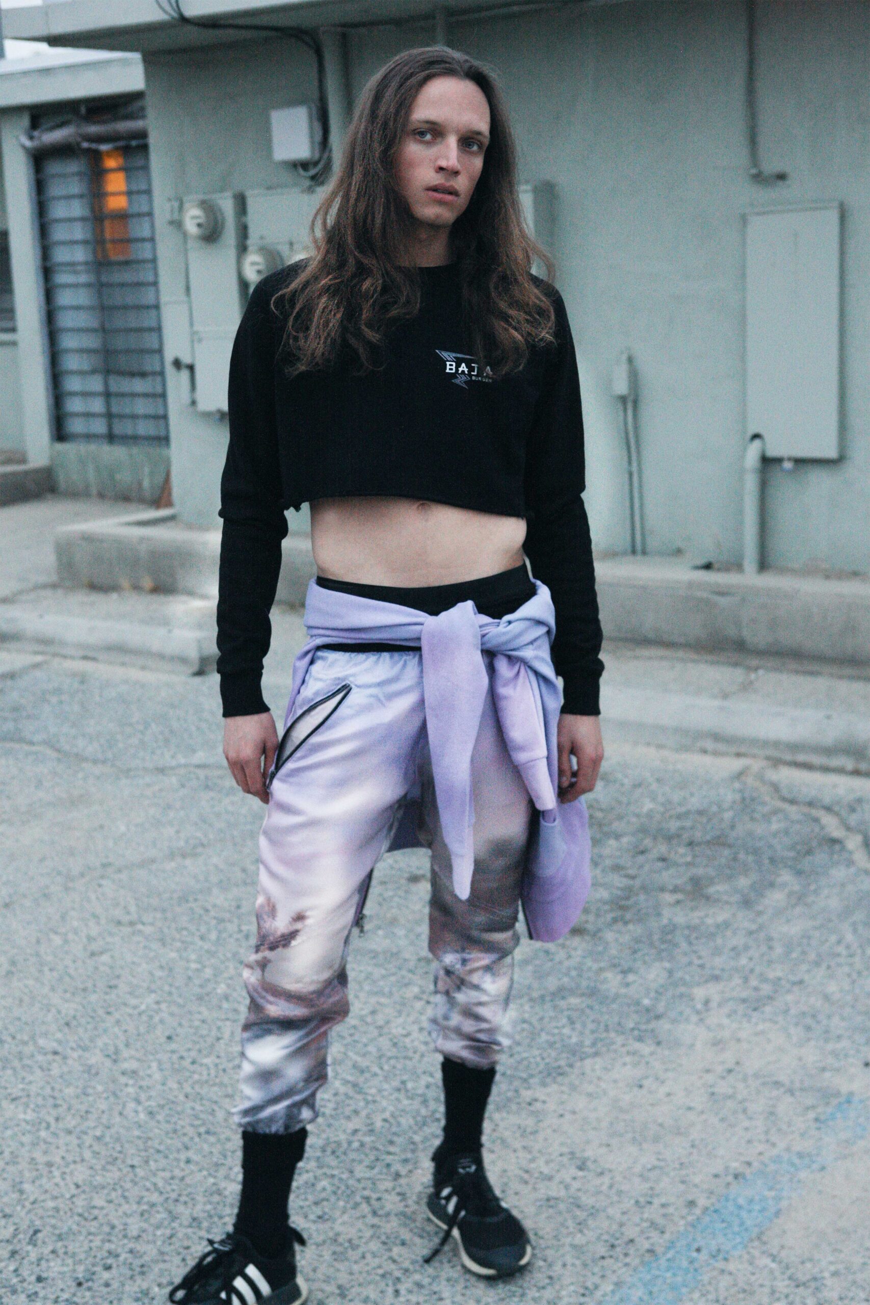 black crop-top and printed pants