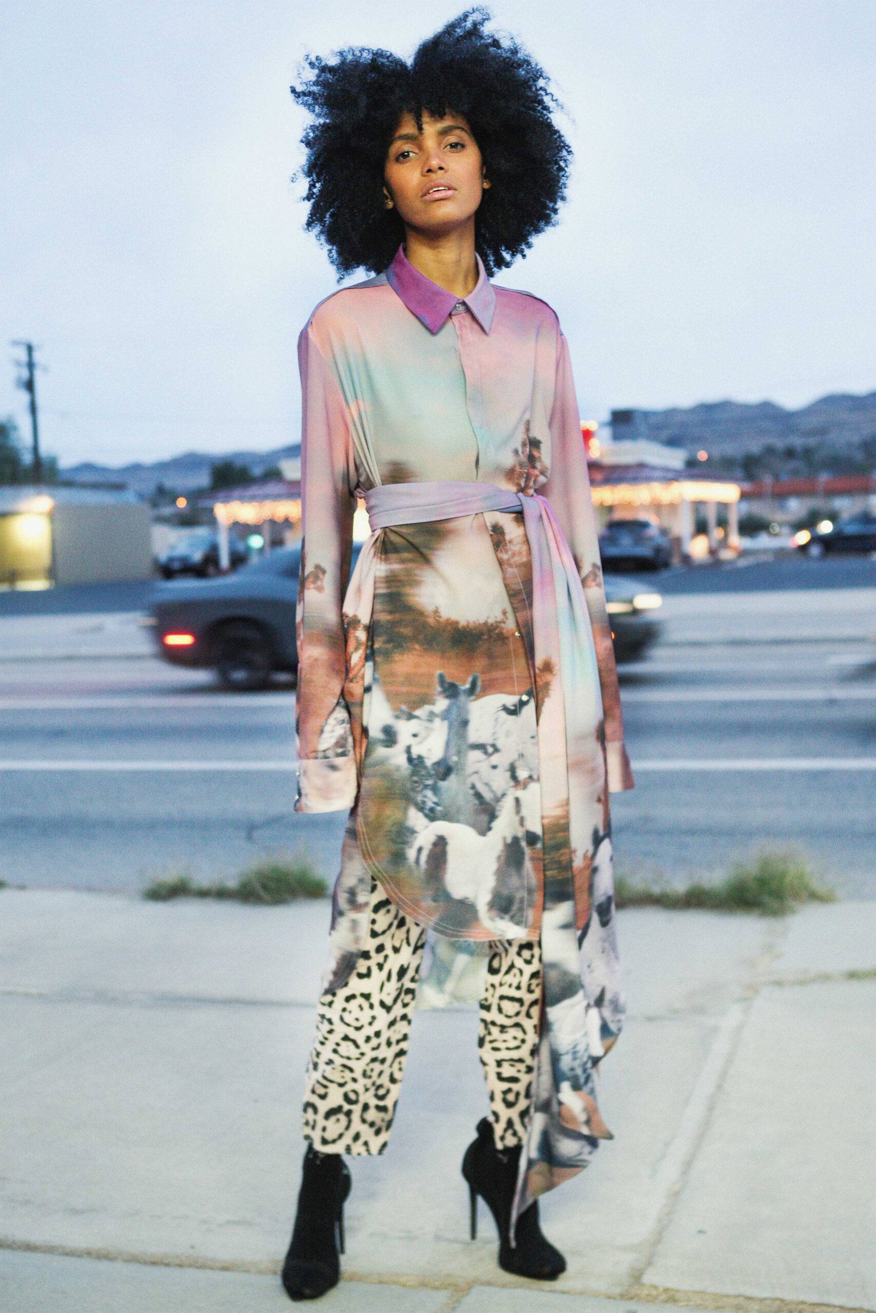 purple printed shirt-dress with animal-print pants