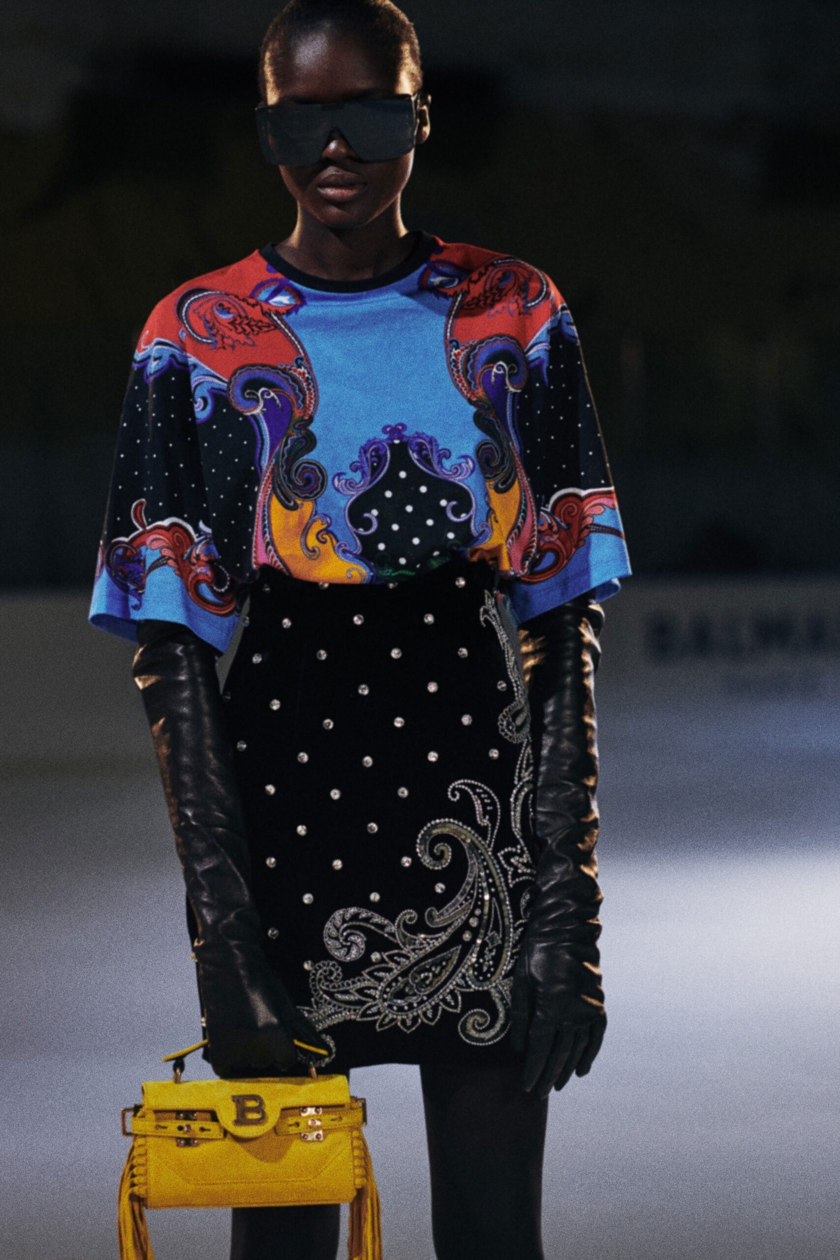 colorful printed top with pencil skirt