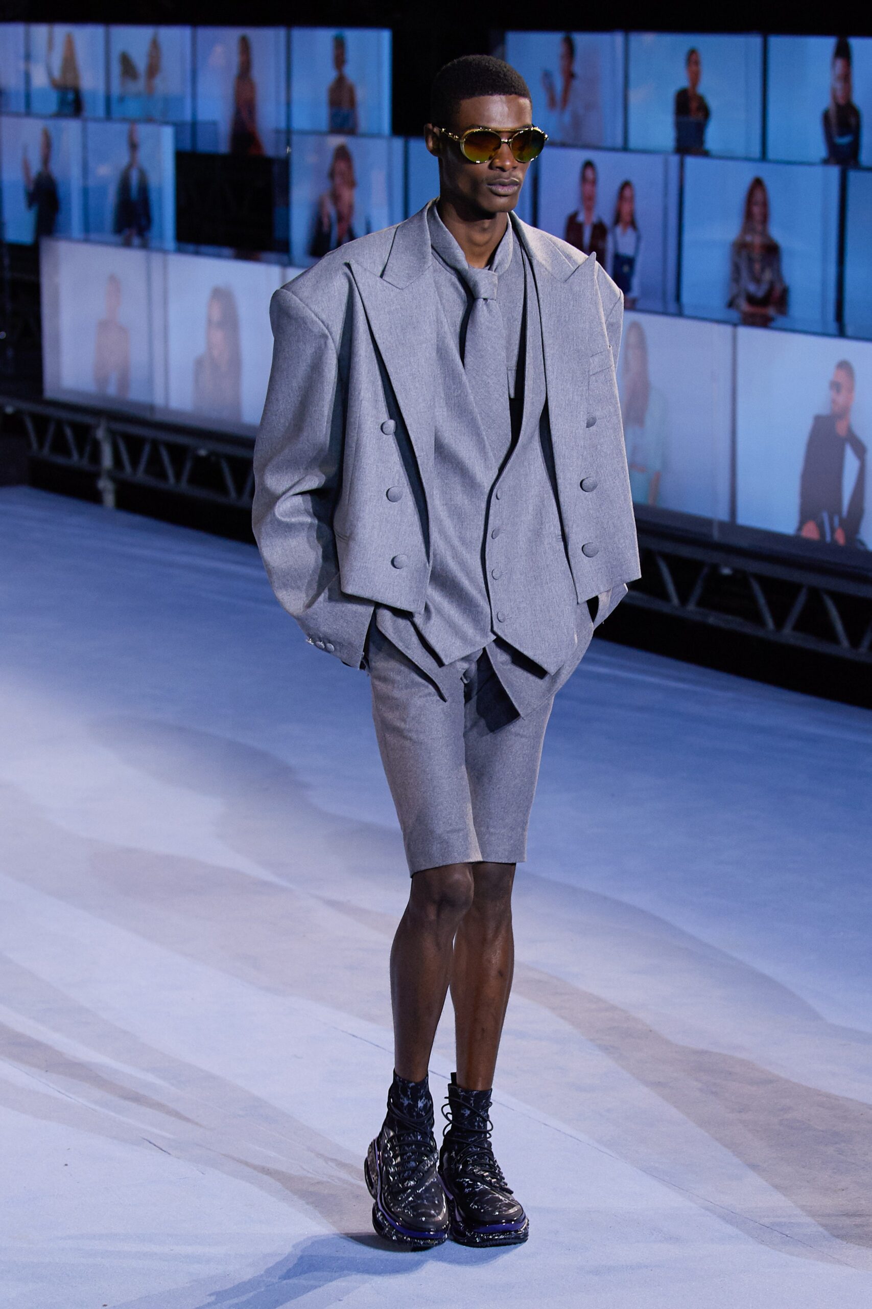 gray tailored suit with shorts