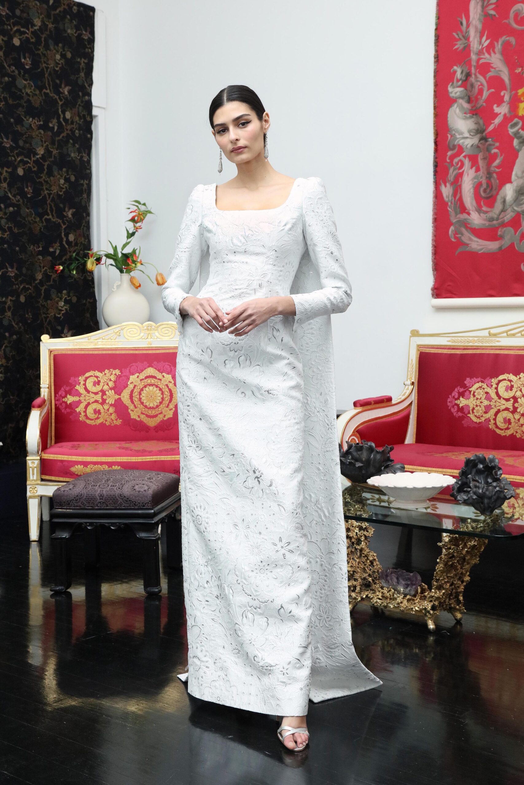 white silk embroidered gown