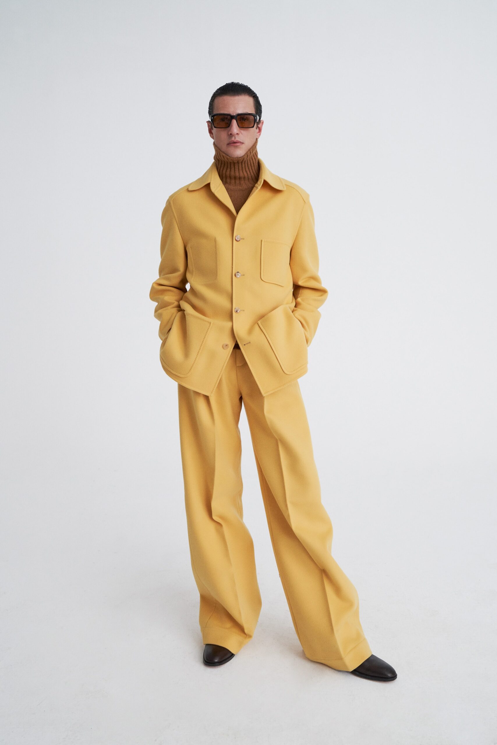 yellow wool long-sleeve collared relaxed buttoned pockets jacket