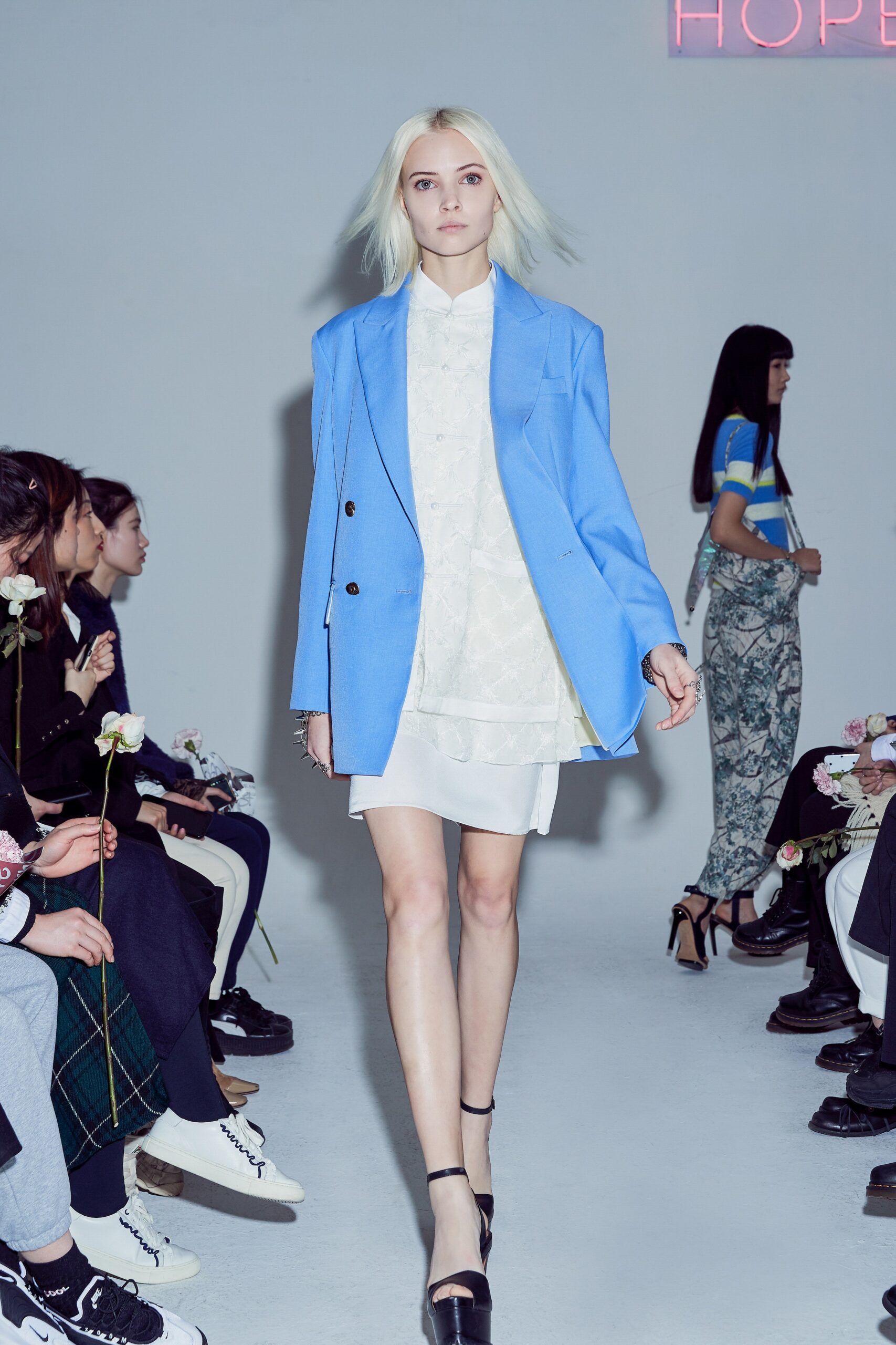 blue tailored blazer and white dress