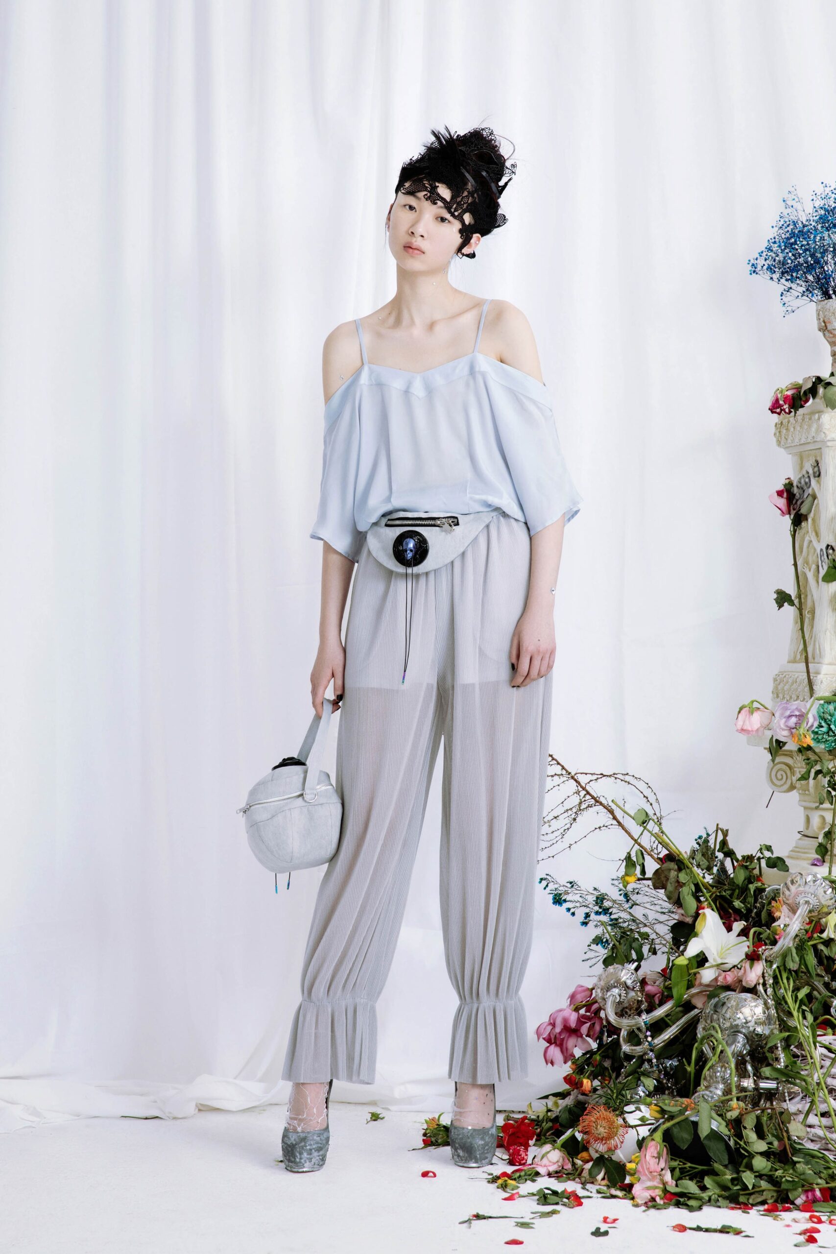 gray chiffon fitted pleated sheer pants