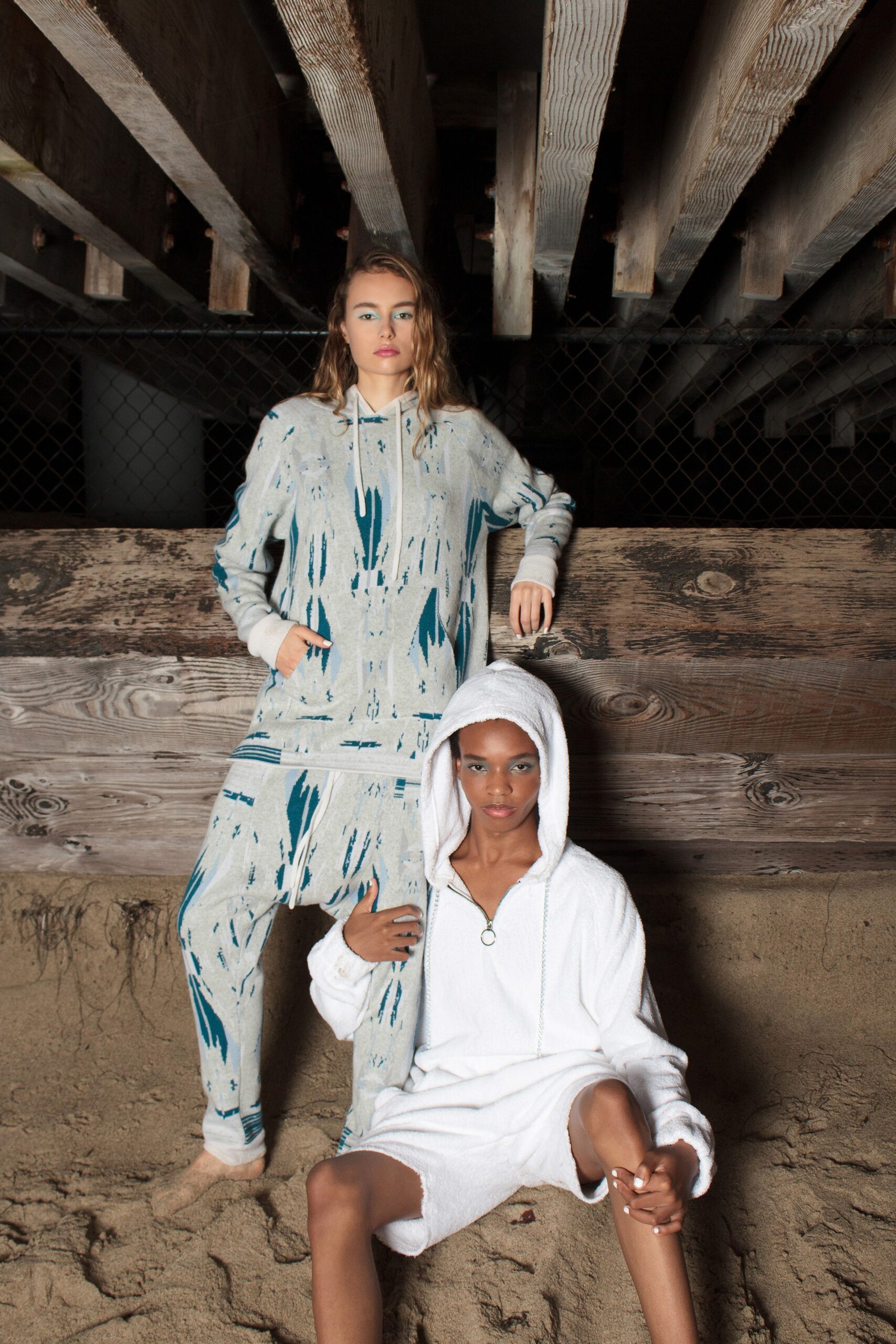 gray printed hoodie and white romper