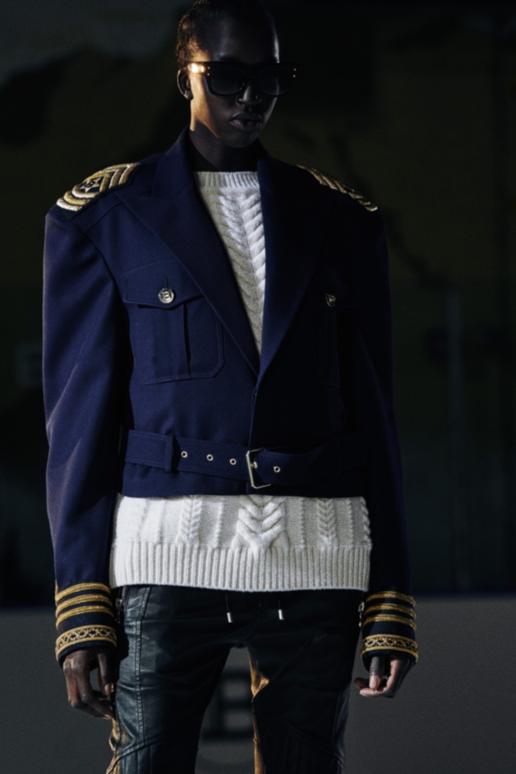 blue structured jacket with white sweater