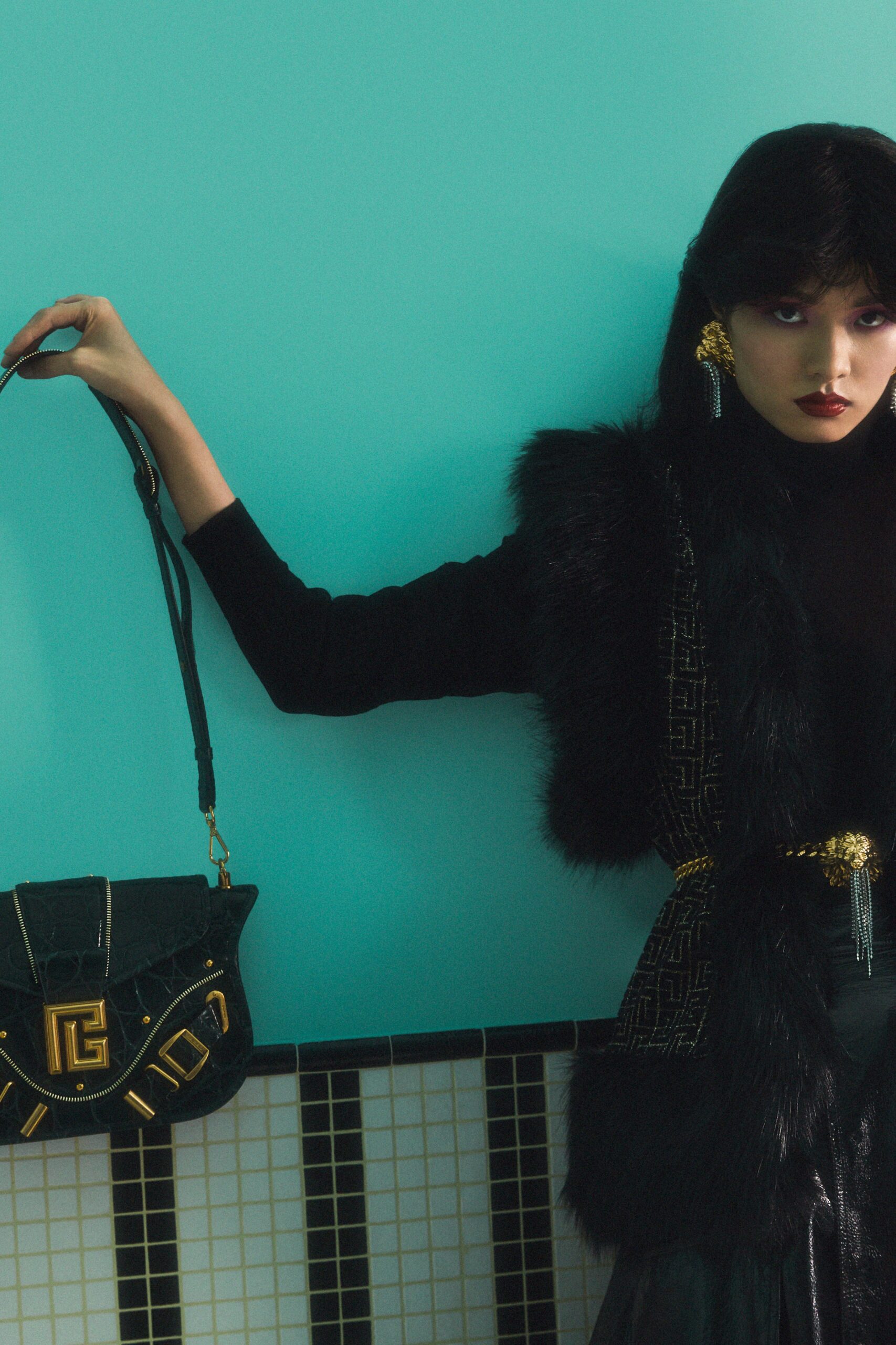 black faux-fur long-sleeve high-neck fitted layered top