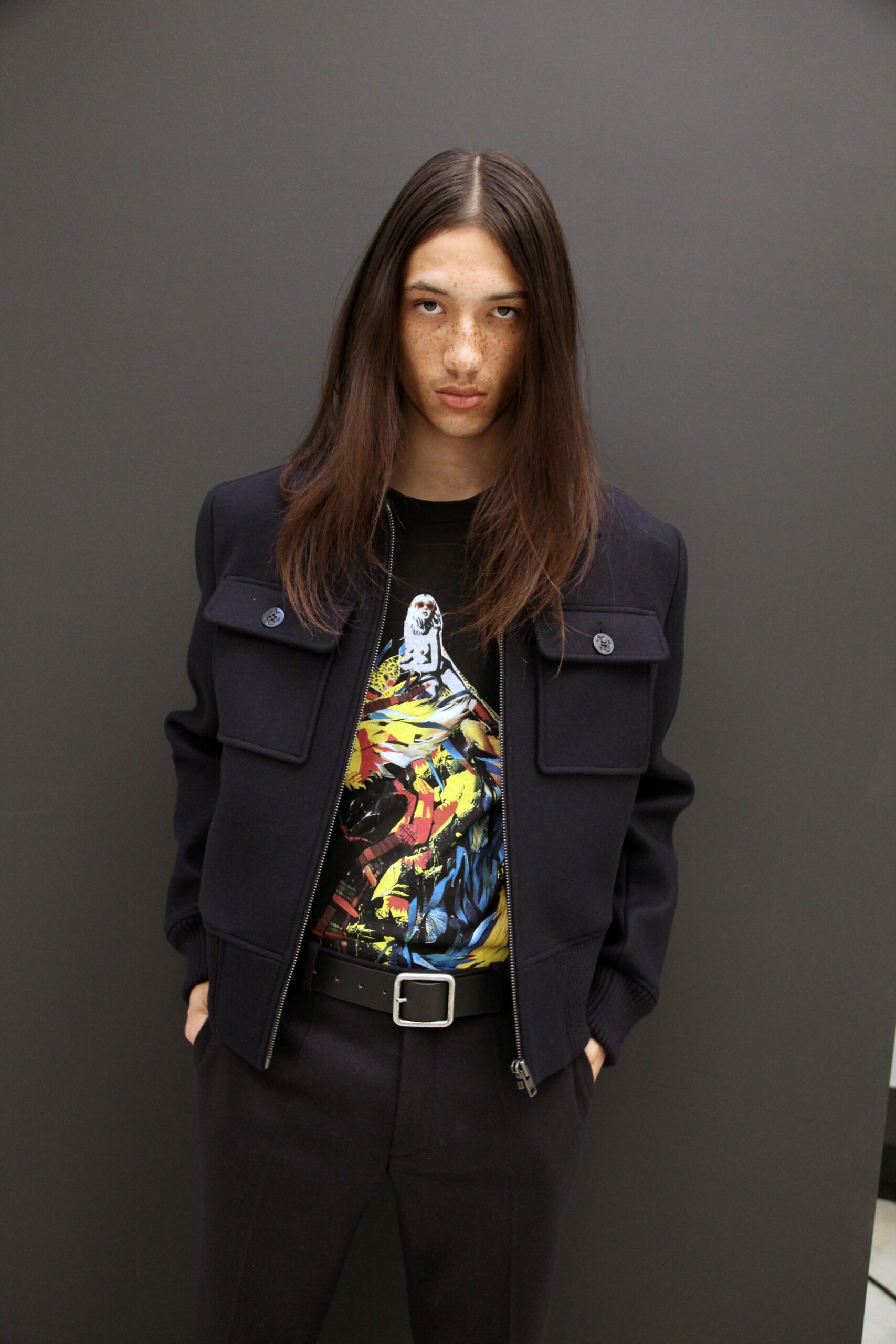 black fitted jacket with t-shirt and pants