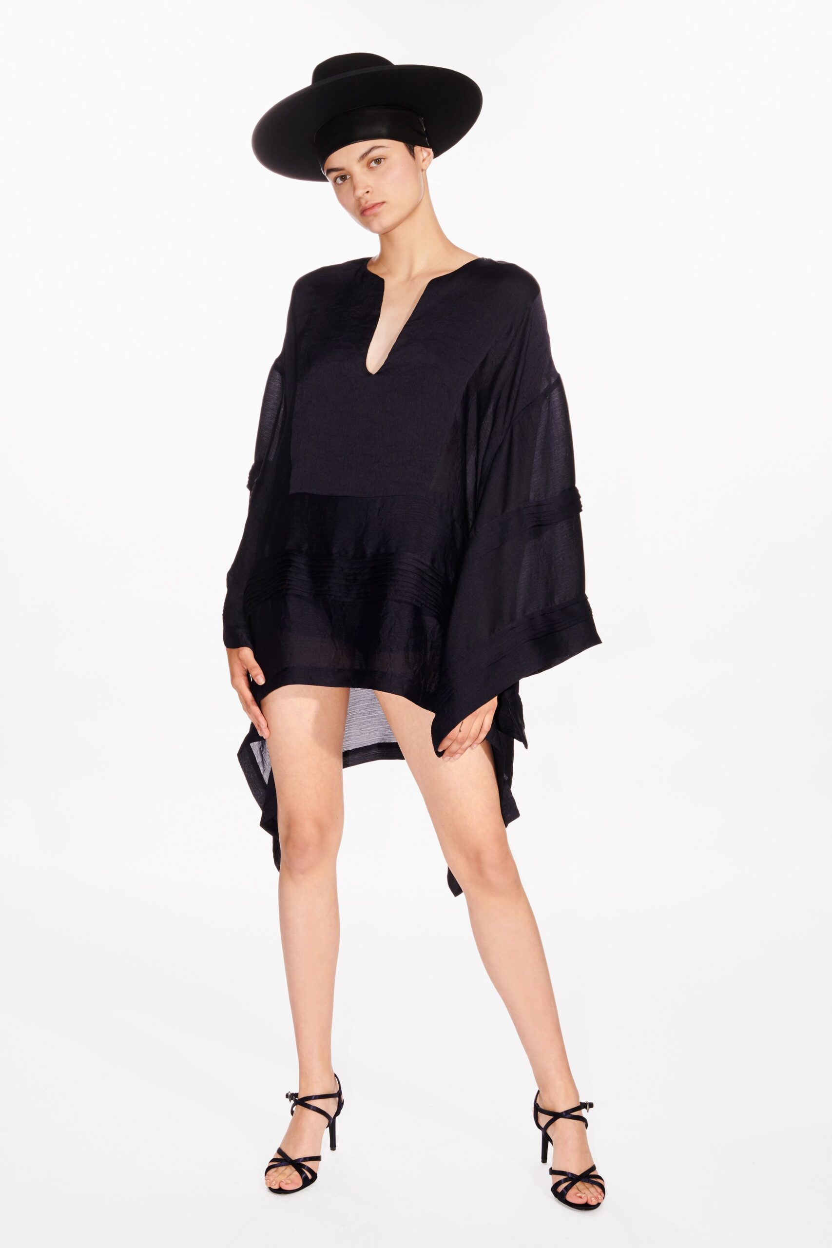 black silk relaxed dress with hat