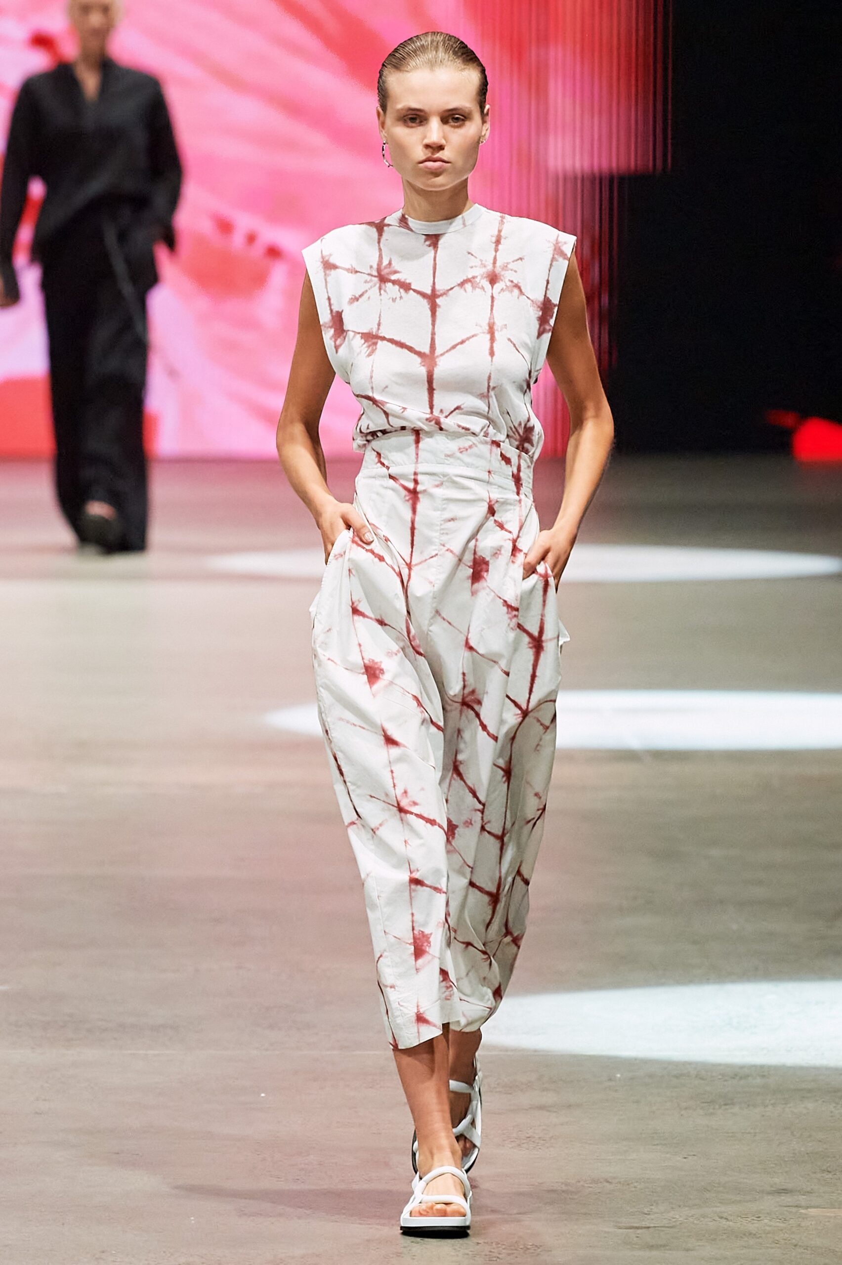 white and red pleated jumpsuit