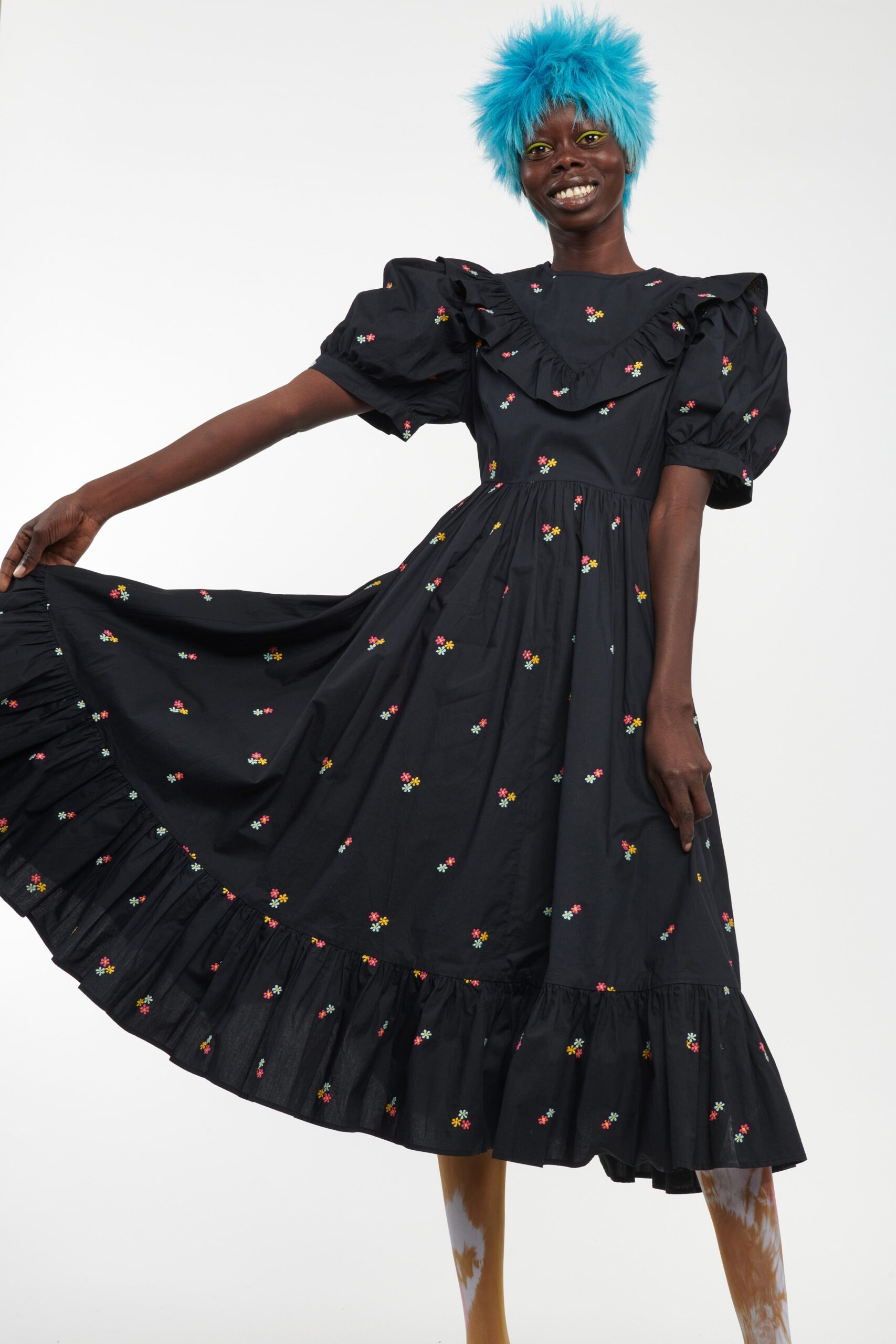 black cotton ruffled midi dress