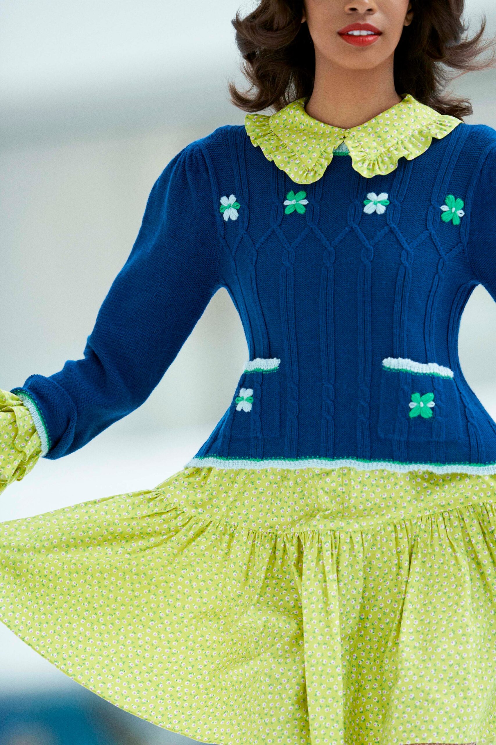 blue and green pleated dress