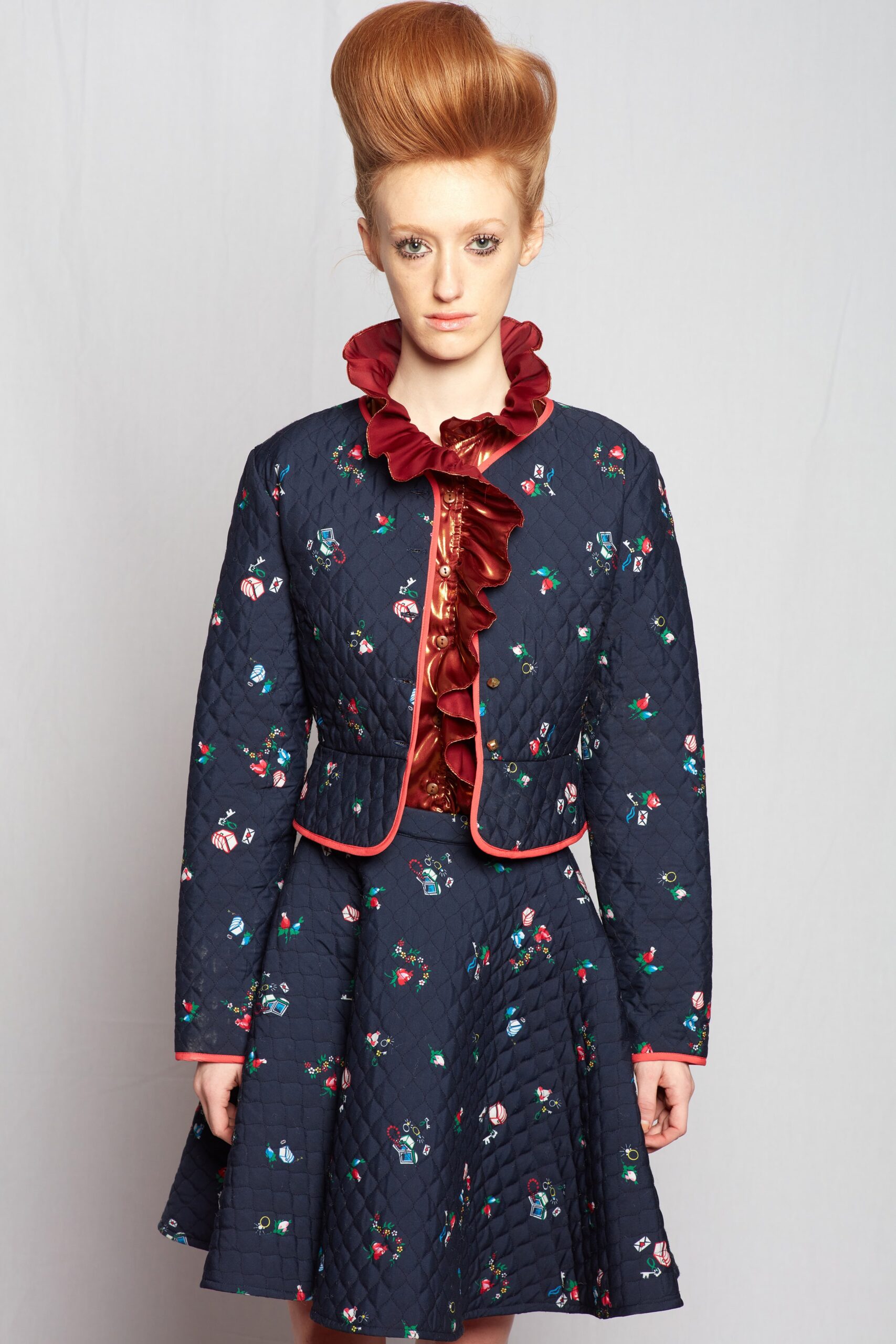 blue quilted jacket and mini dress