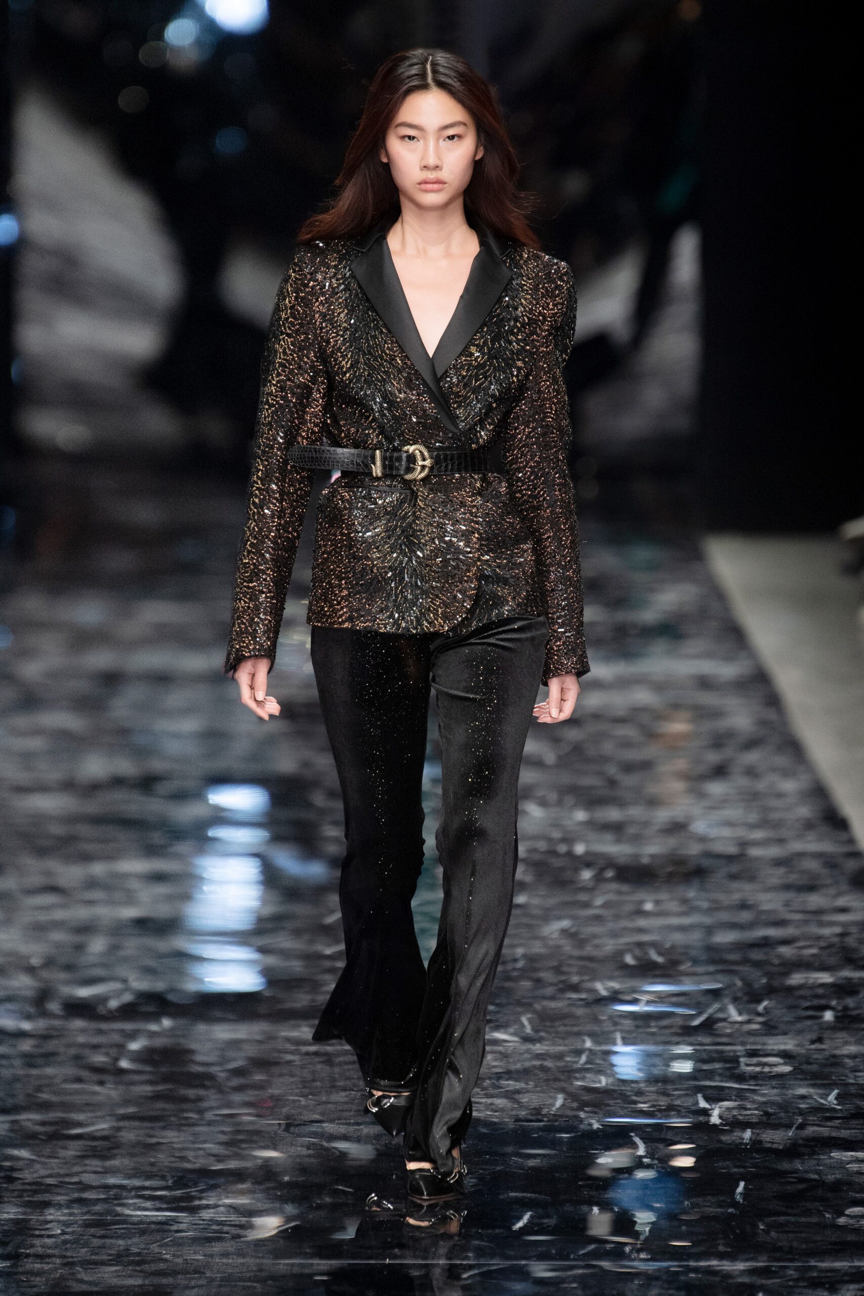 black silk long-sleeve collared tailored sequined buttoned blazer