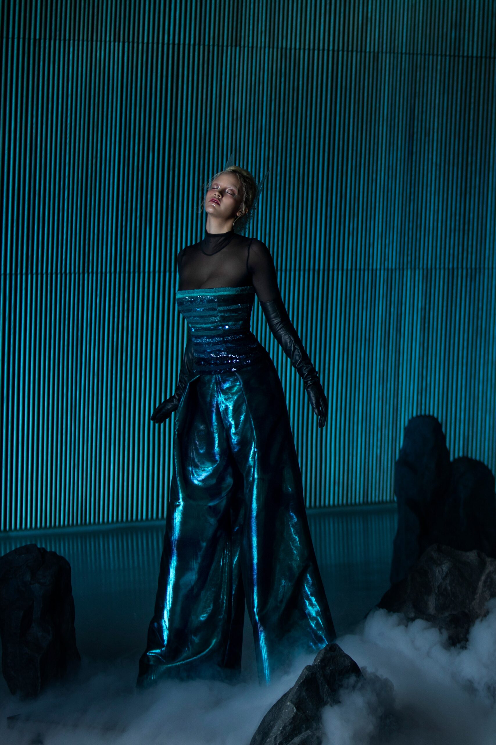 blue silk fitted gown with gloves