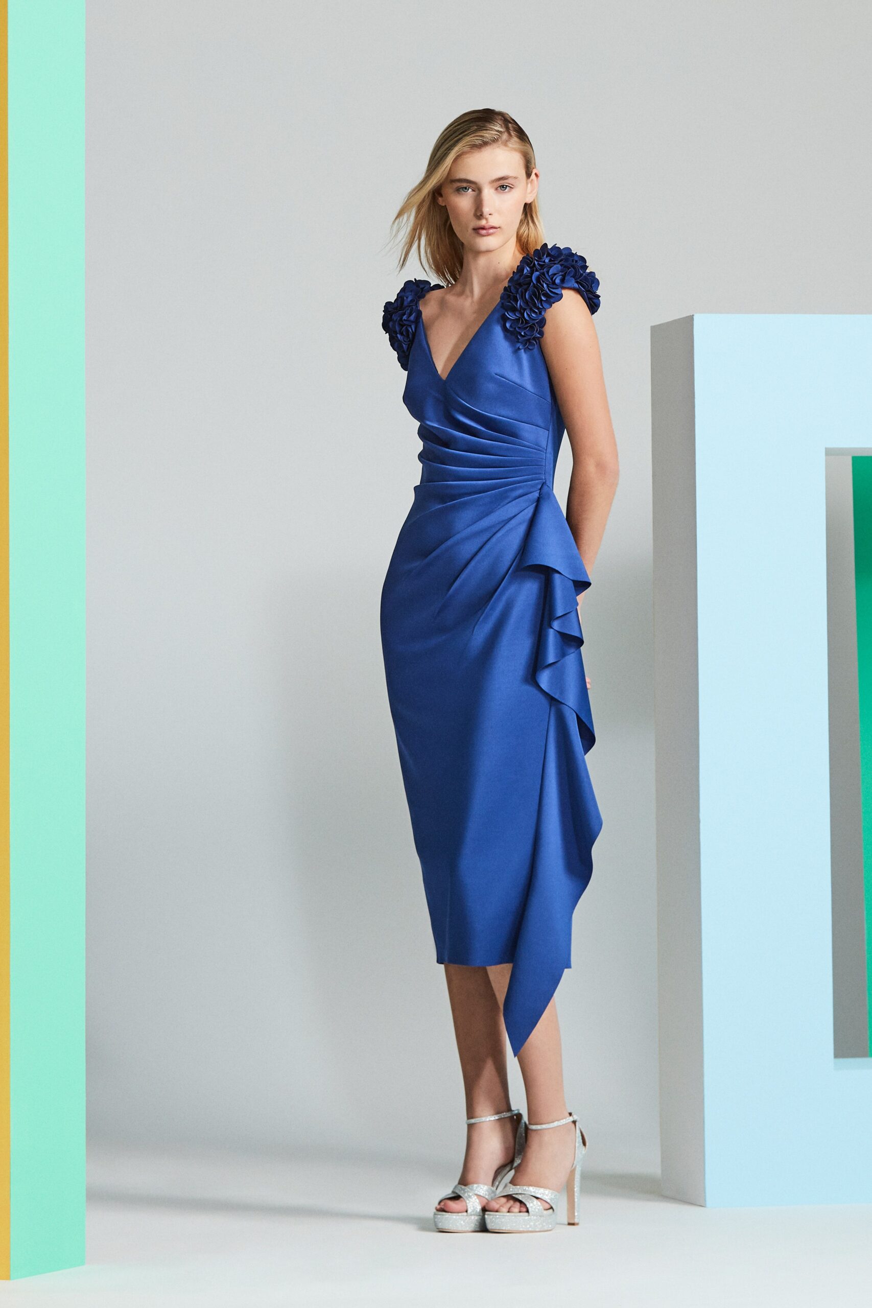 fitted blue silk midi dress