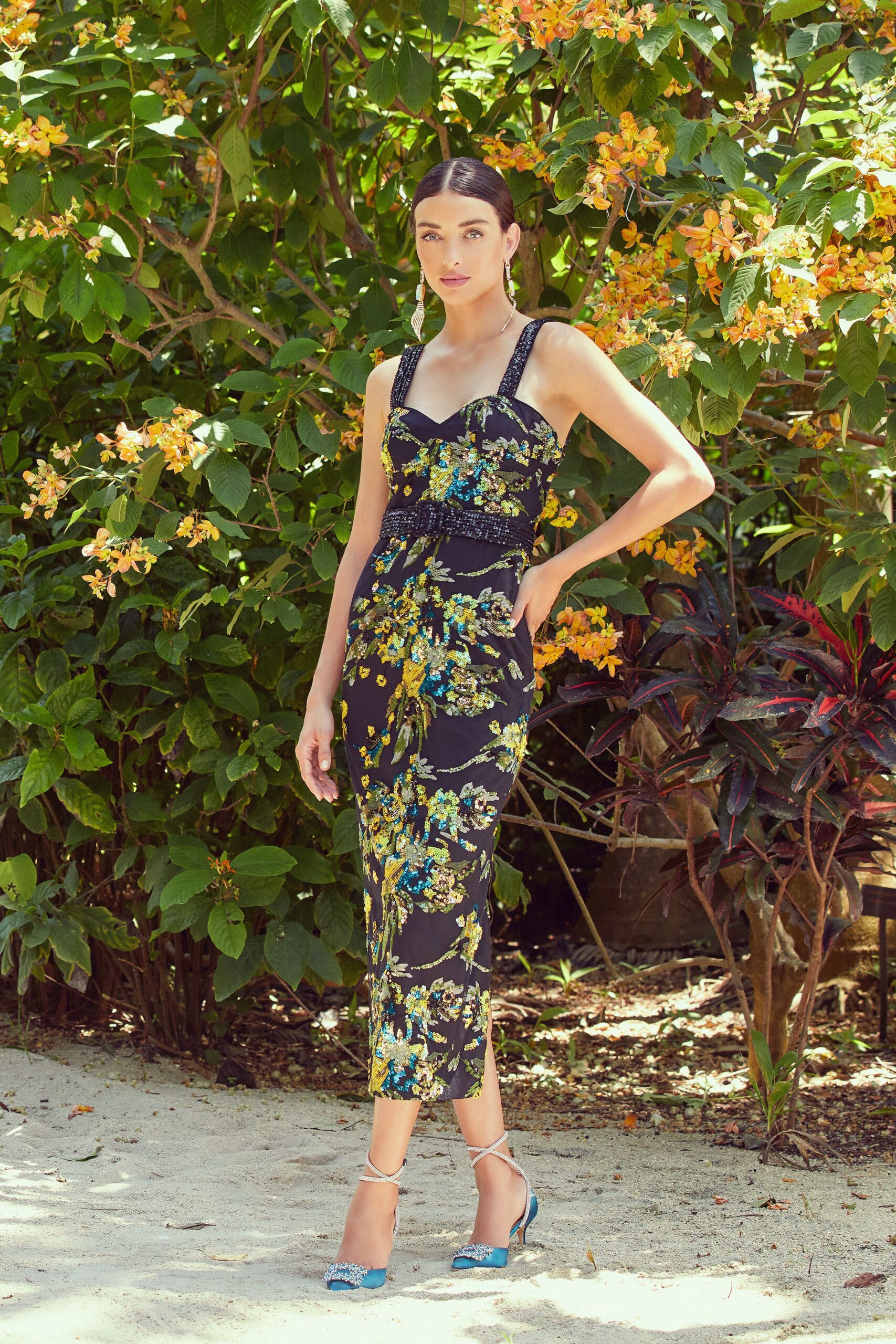 floral black midi dress