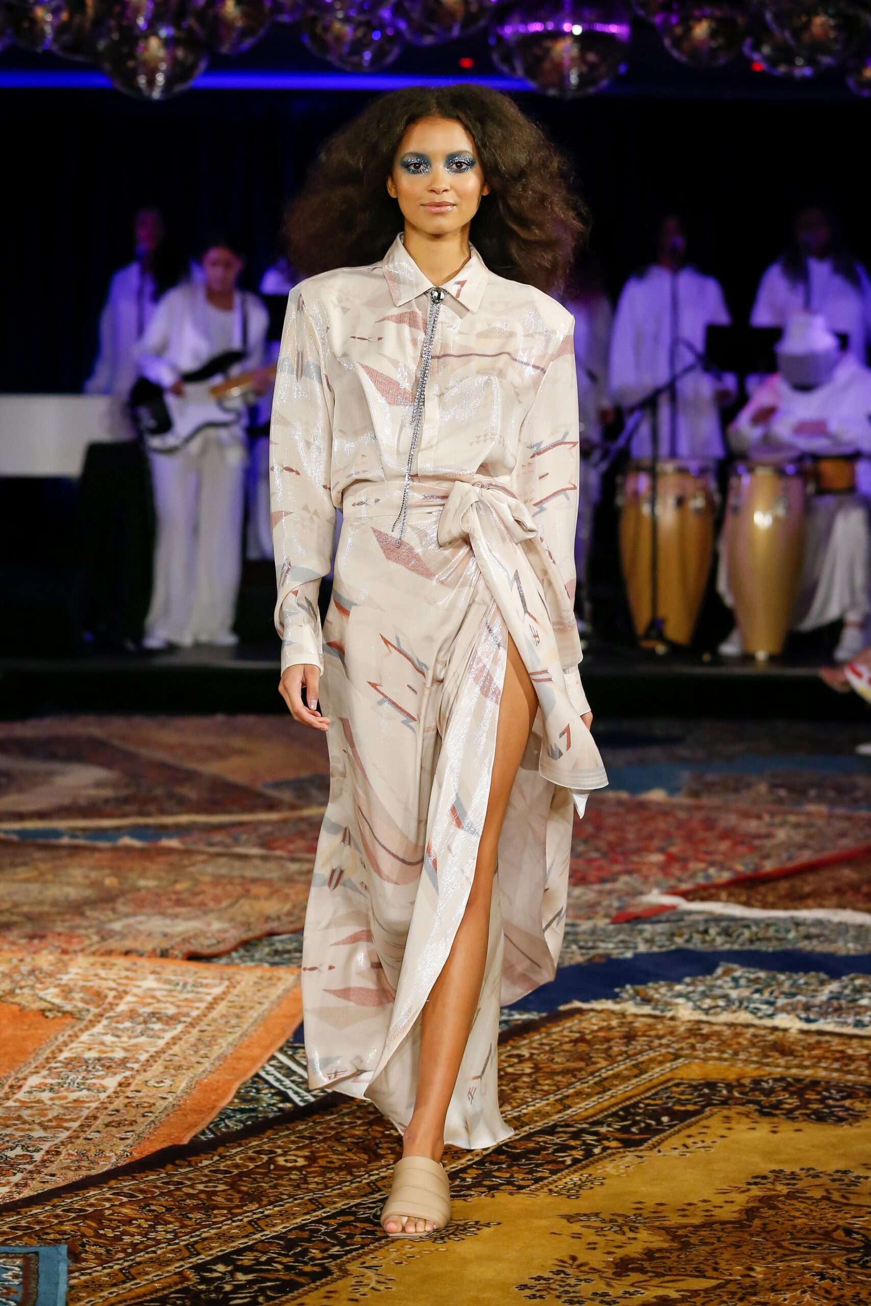 beige silk long-sleeve dress
