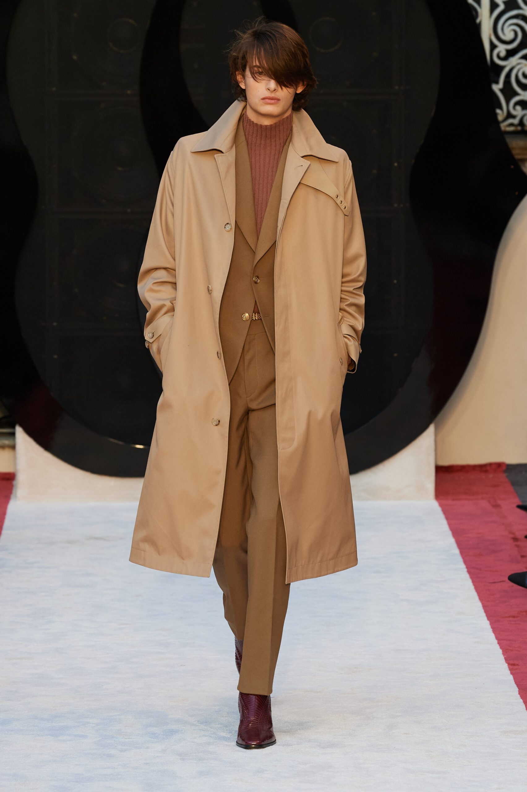 beige trench coat with brown suit