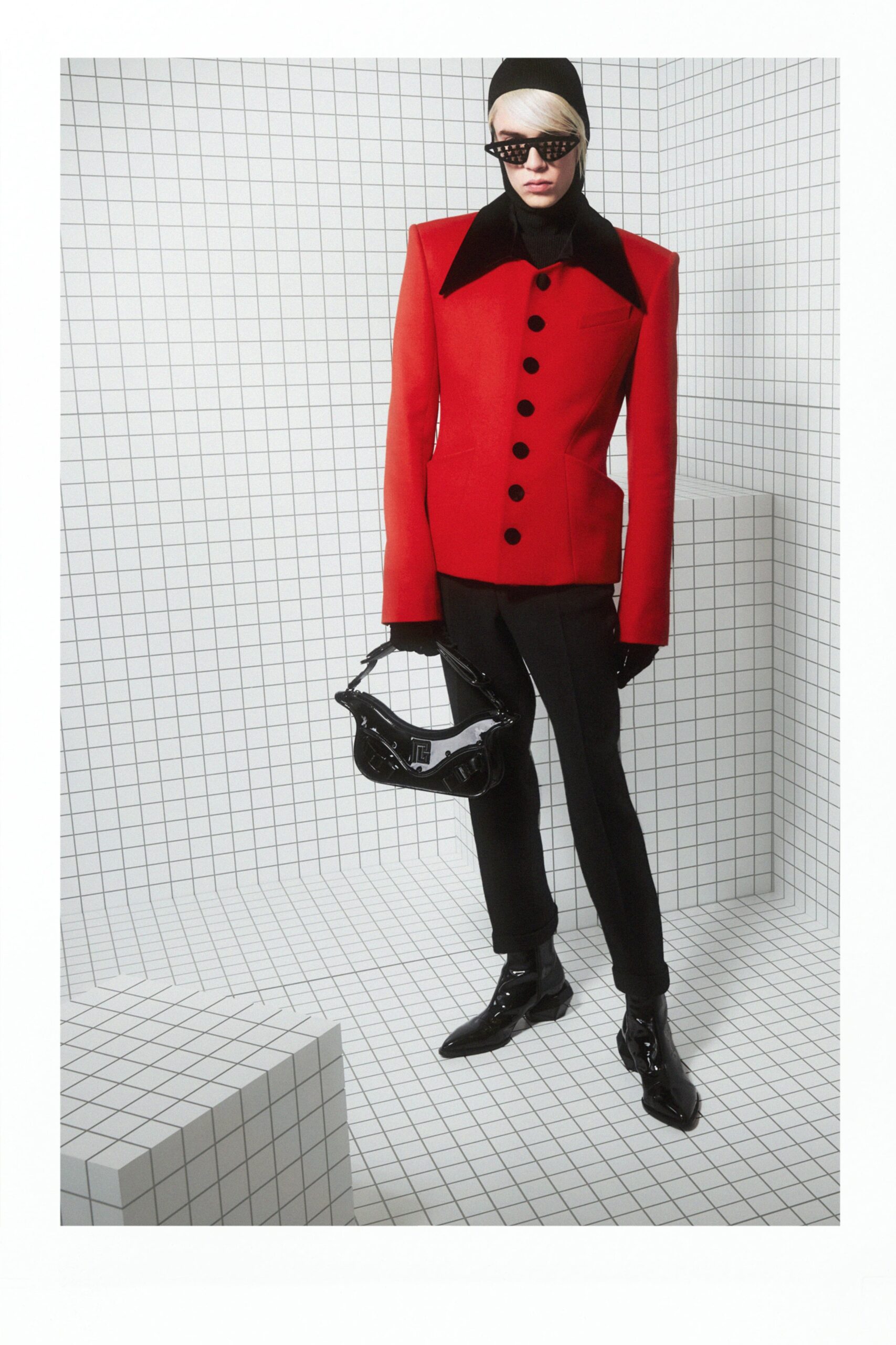 red wool long-sleeve collared structured buttoned blazer