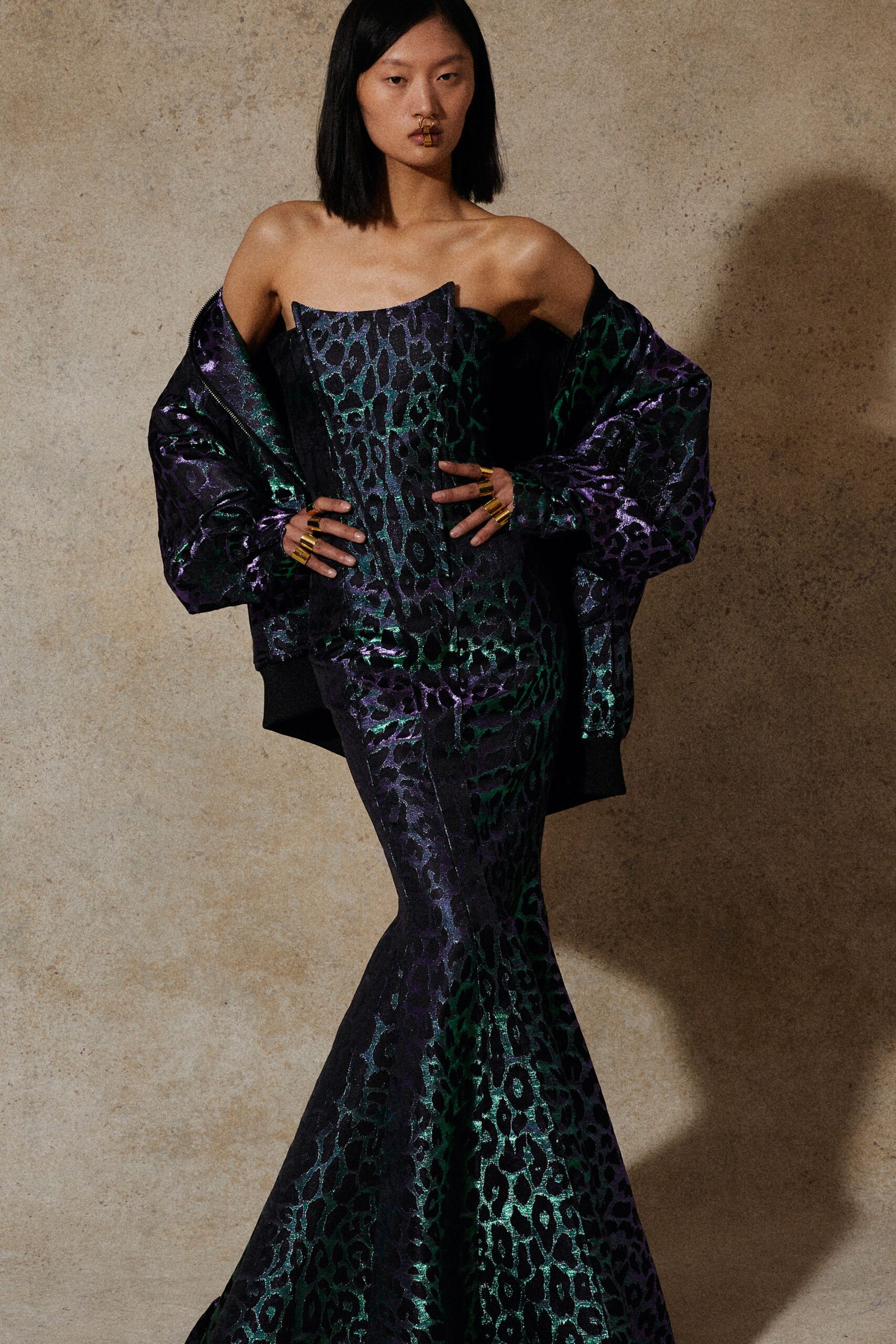 green and purple gown with oversized jacket