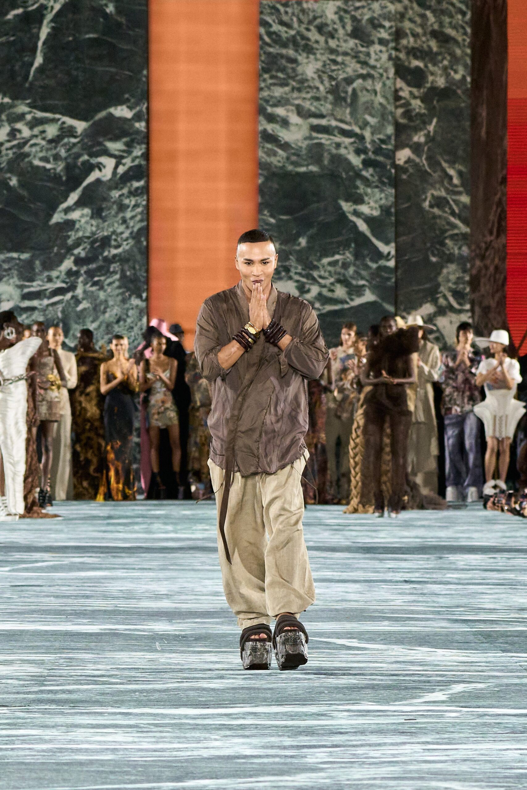 brown relaxed shirt beige wide-leg pants