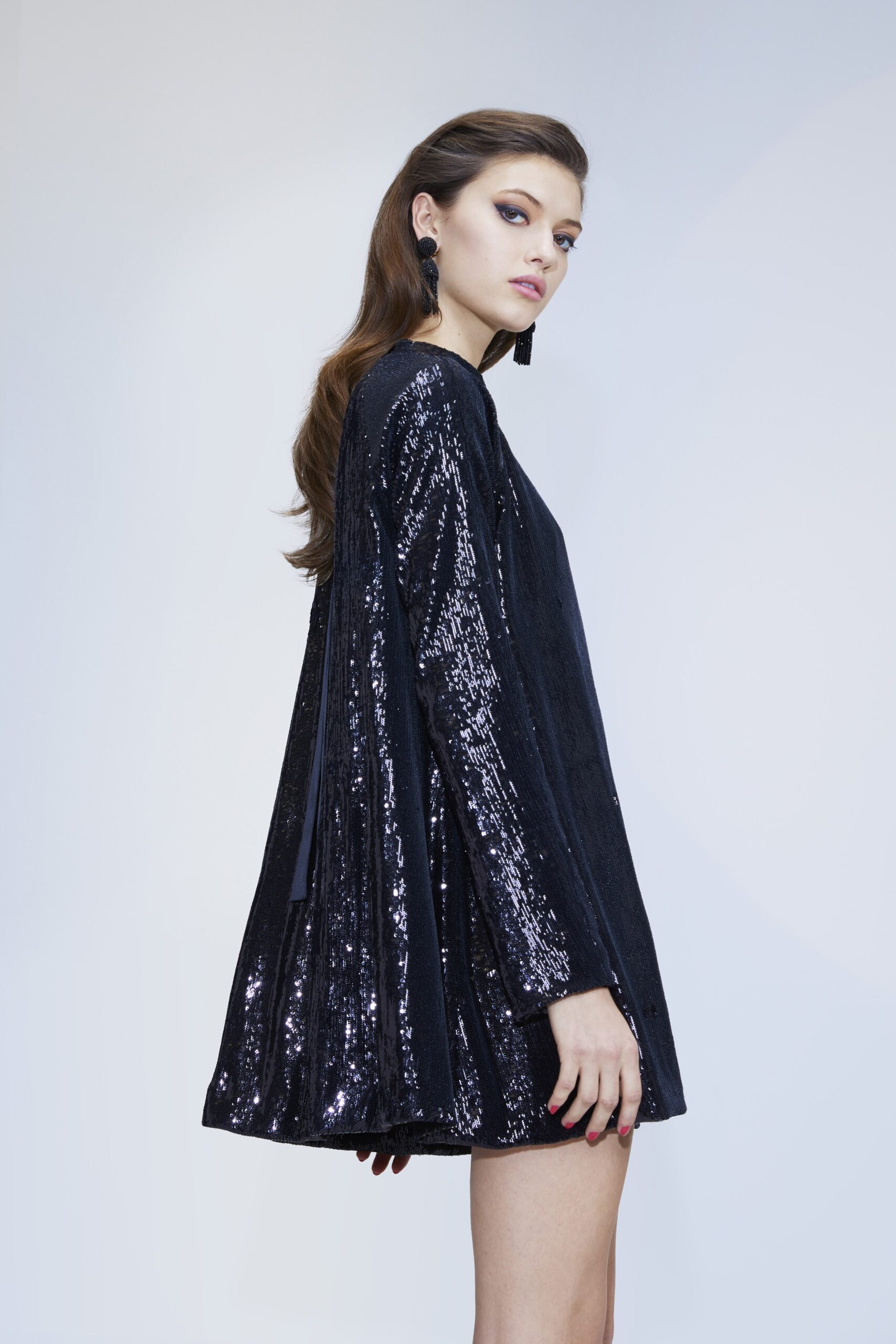 black sequin relaxed mini dress