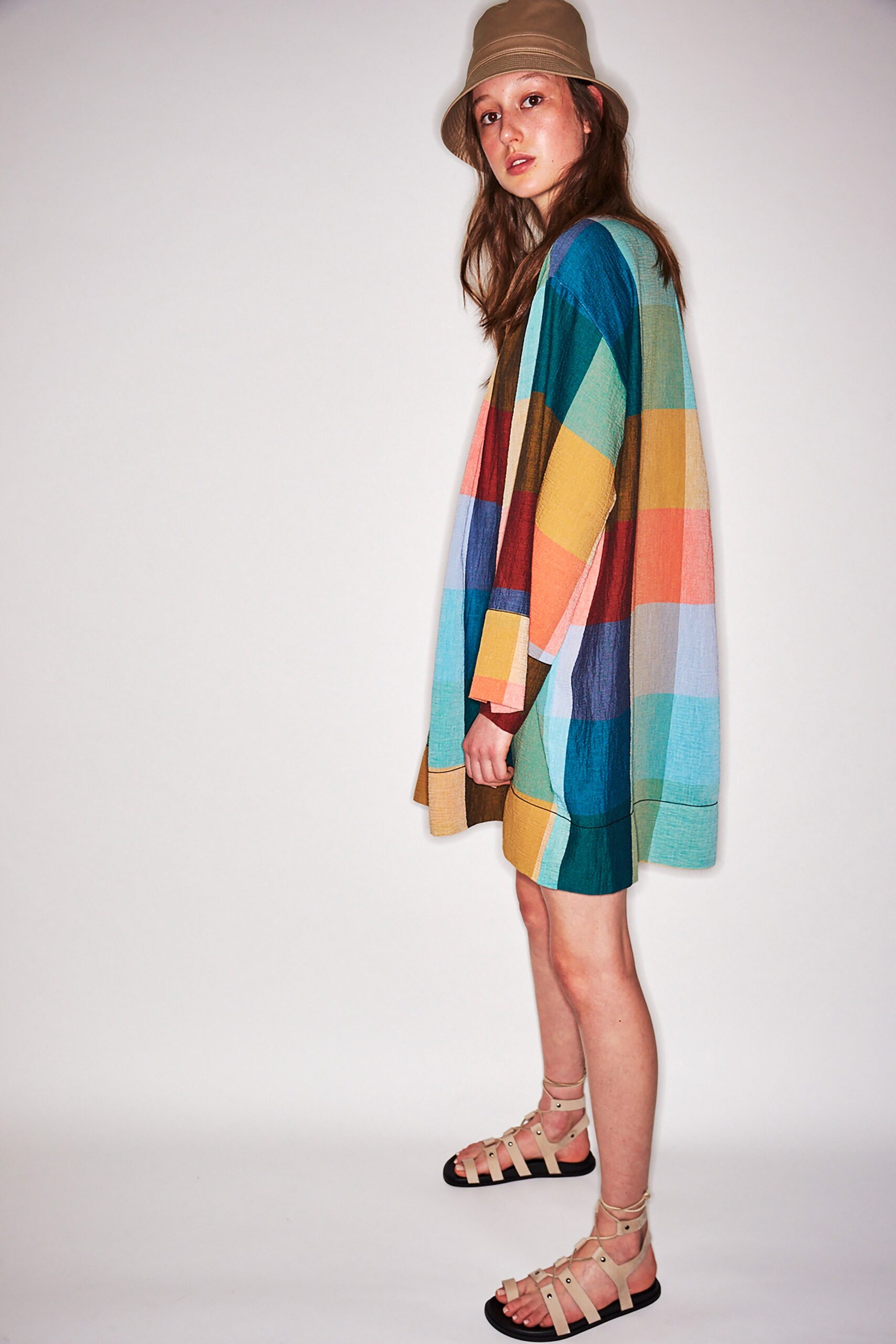 multi cotton long-sleeve collared relaxed layered short dress