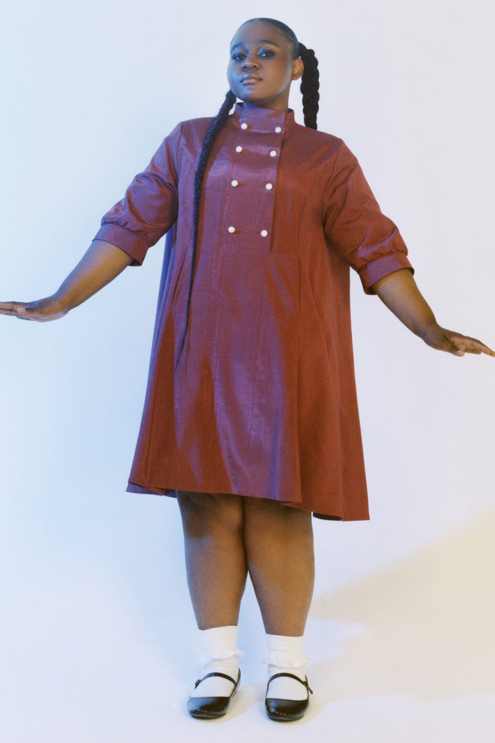 red cotton long-sleeve collared relaxed buttoned a-line dress