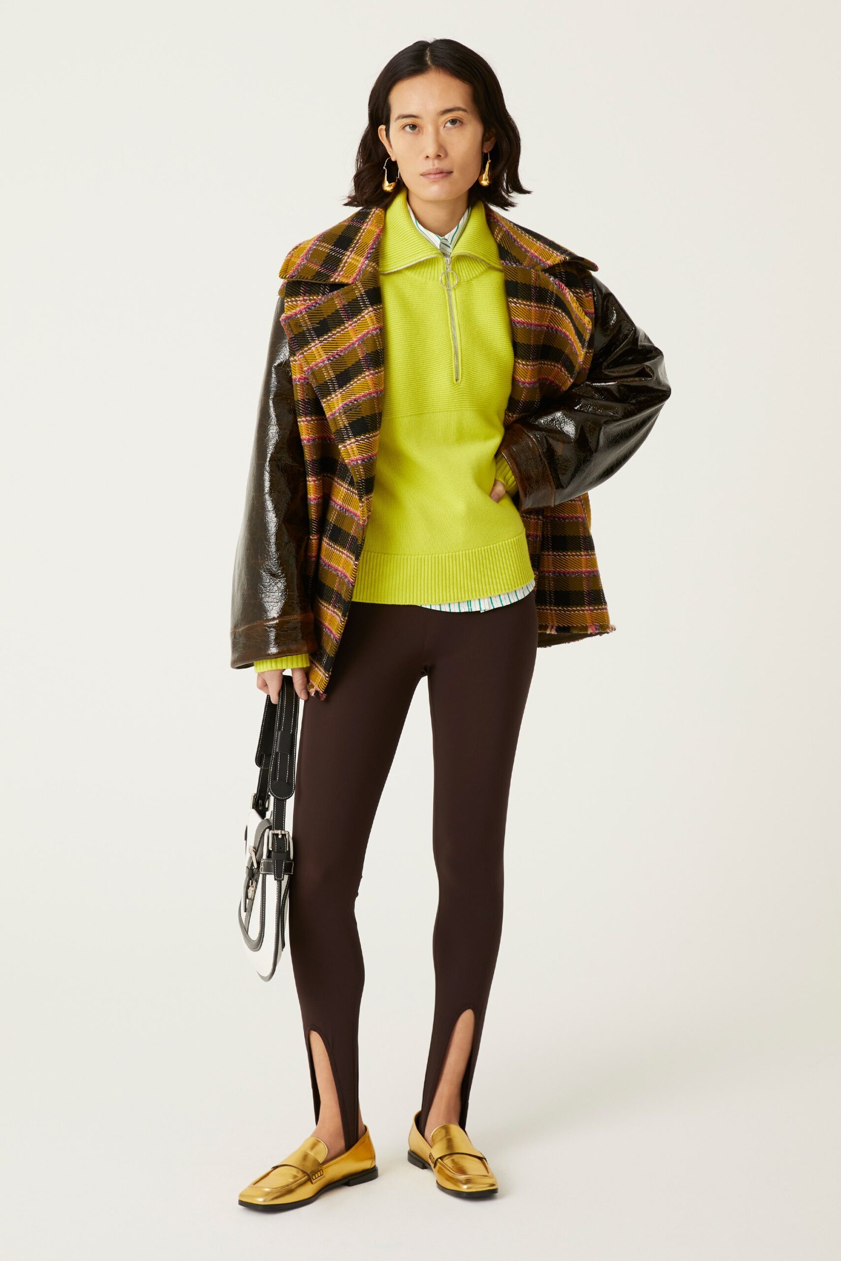 brown checked jacket with green top