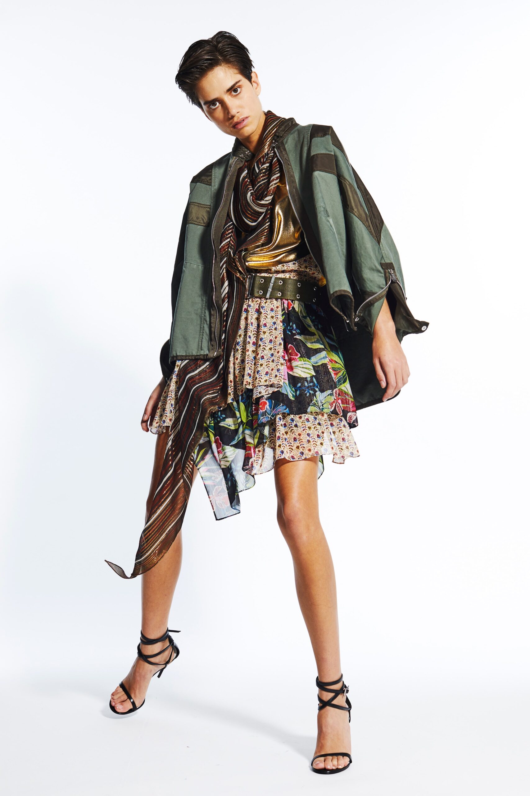 relaxed green jacket with multi skirt