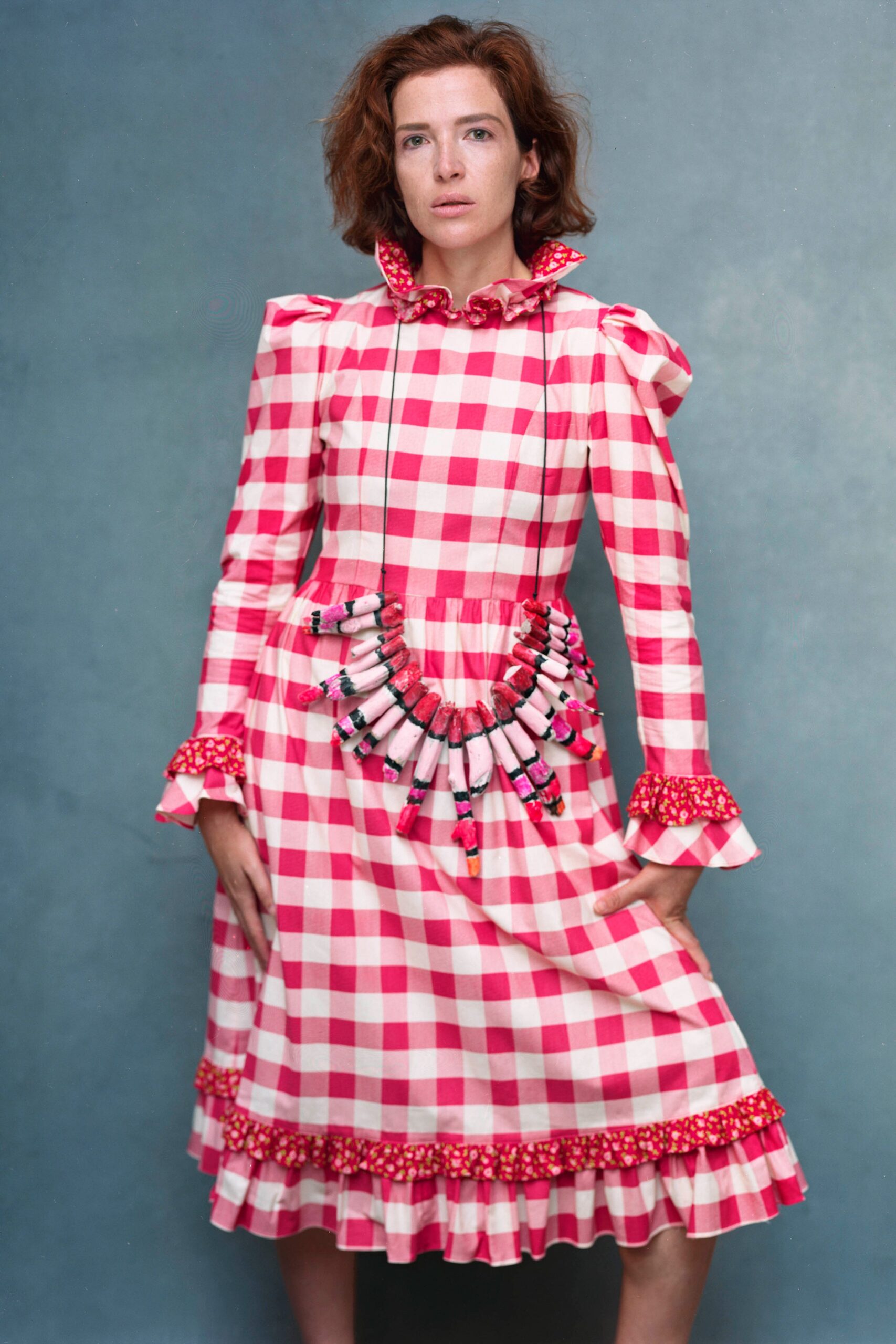 pink and white checkered dress