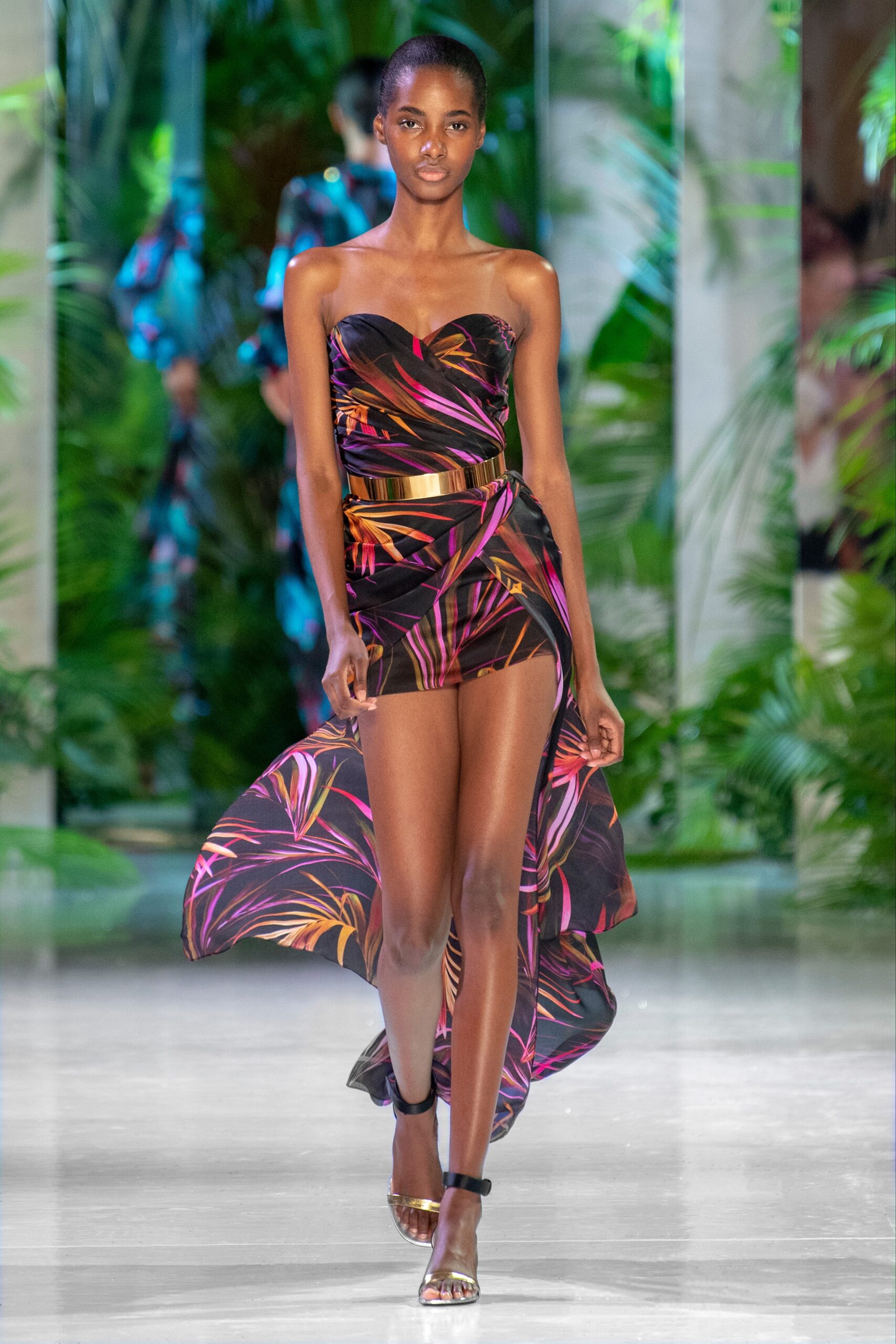 black multi-colored strapless dress