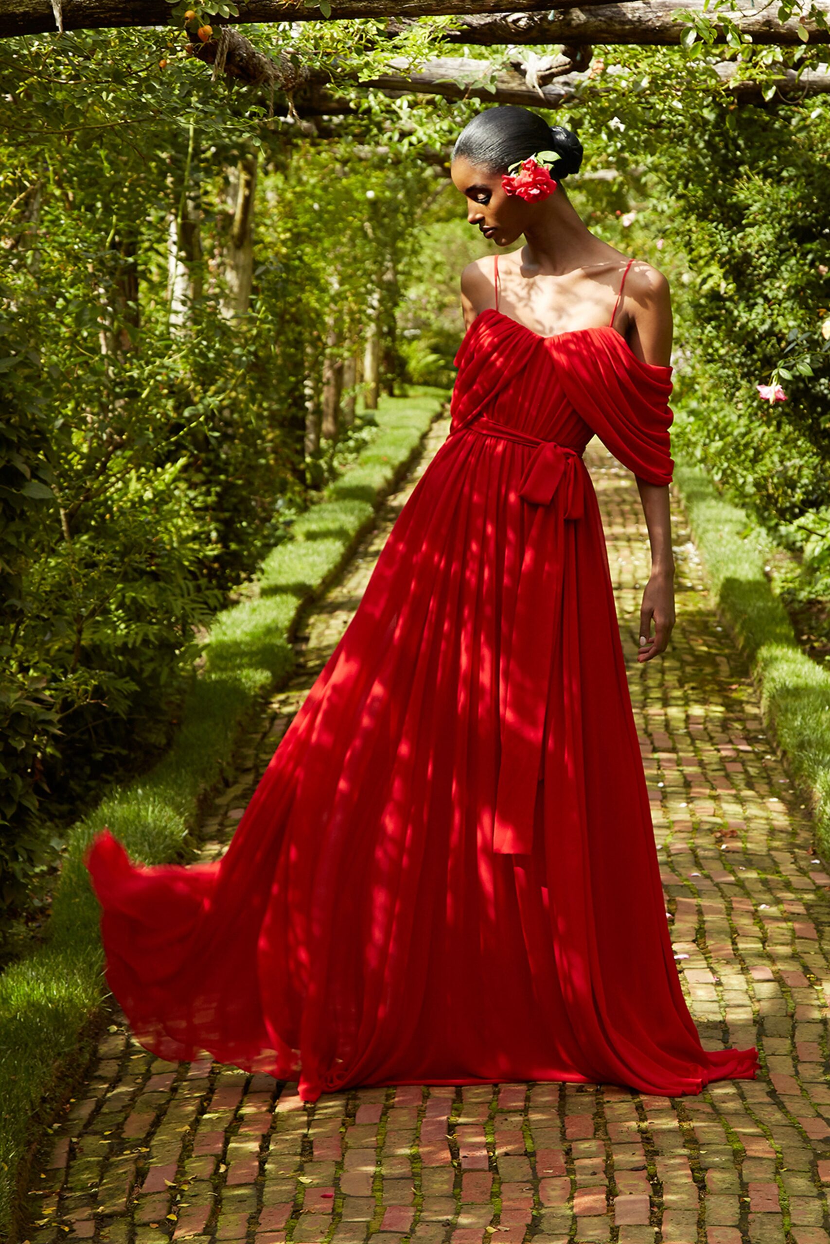 red silk off-shoulder gown