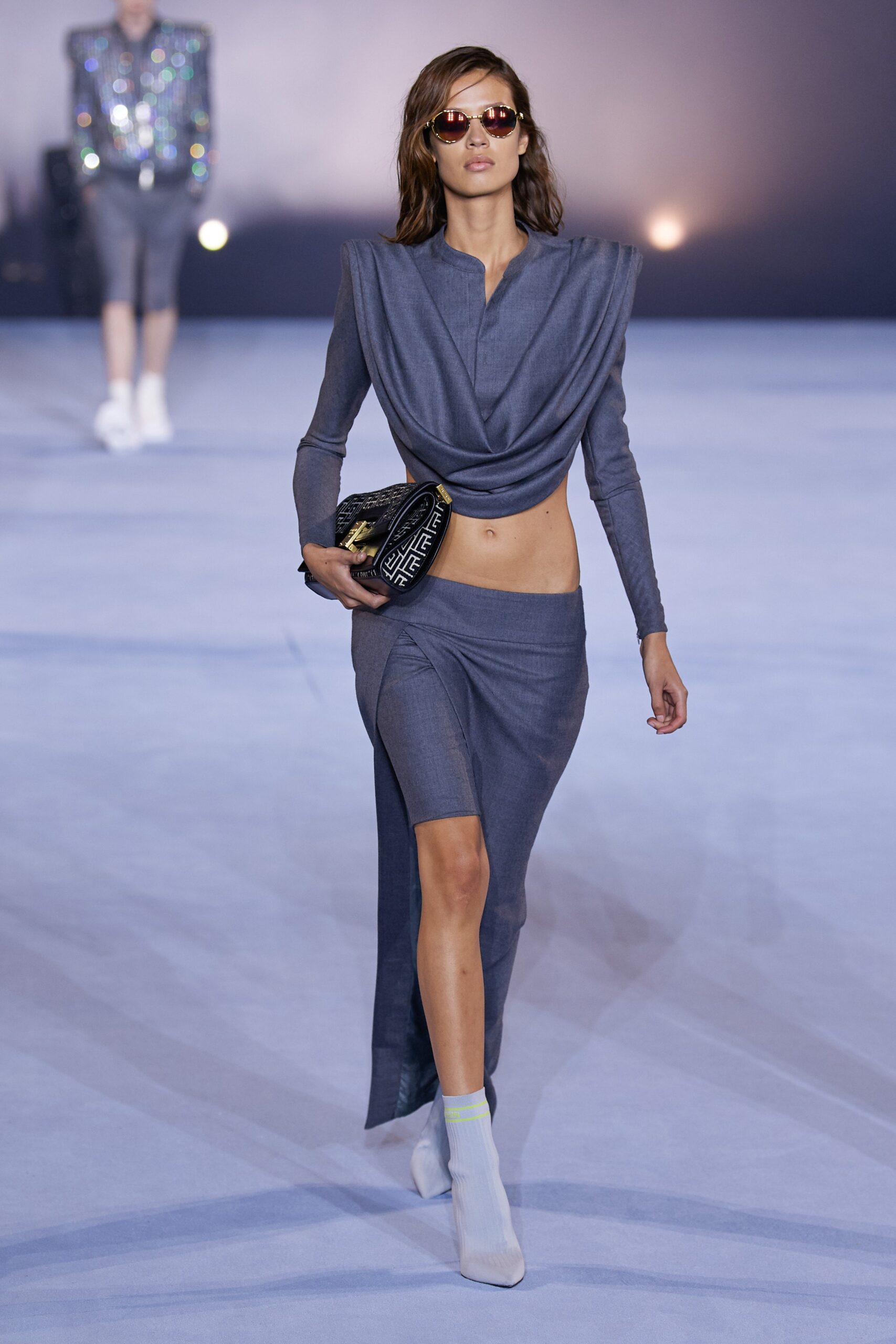 fitted gray draped midi dress