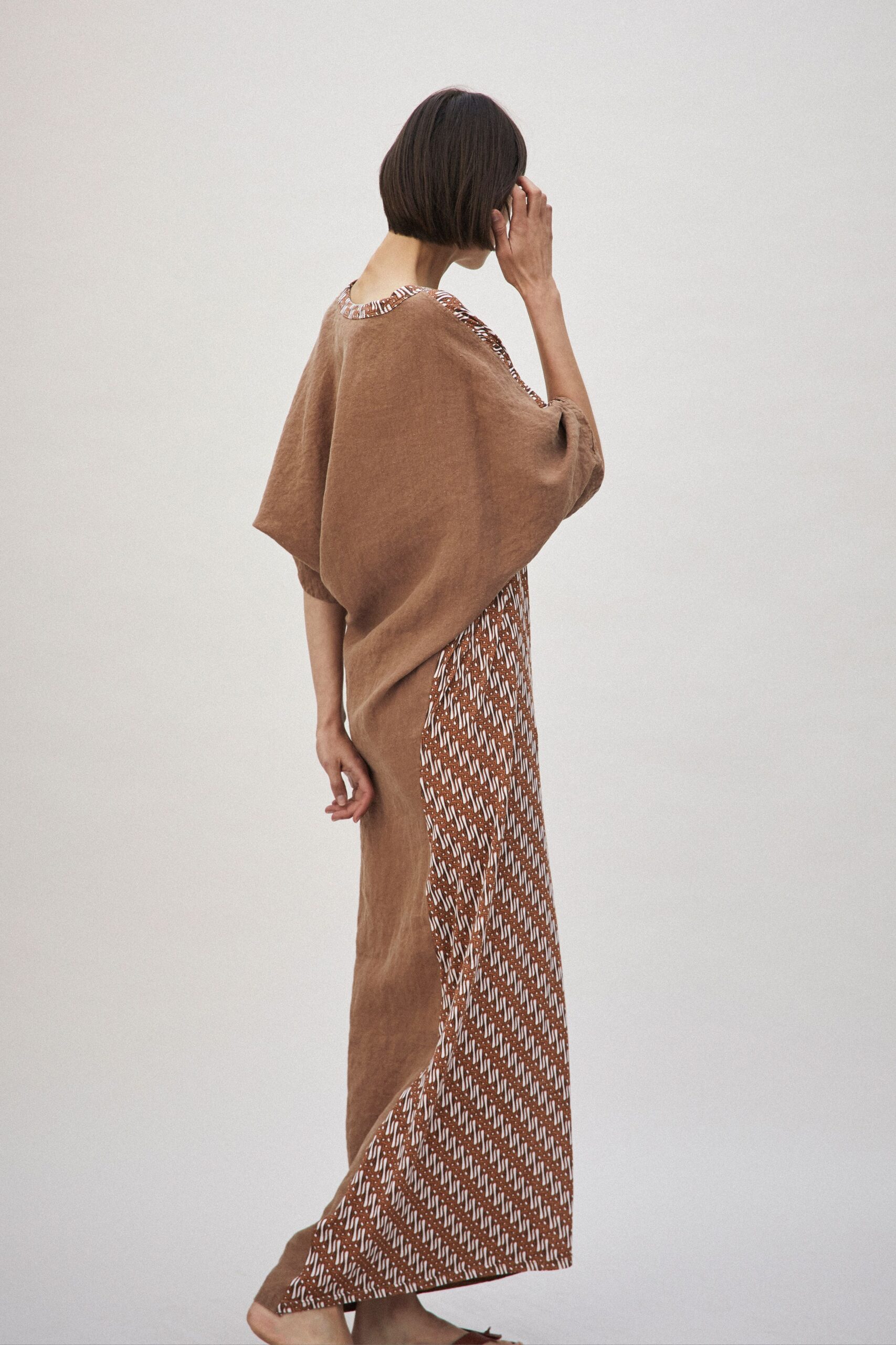 brown and white printed maxi dress