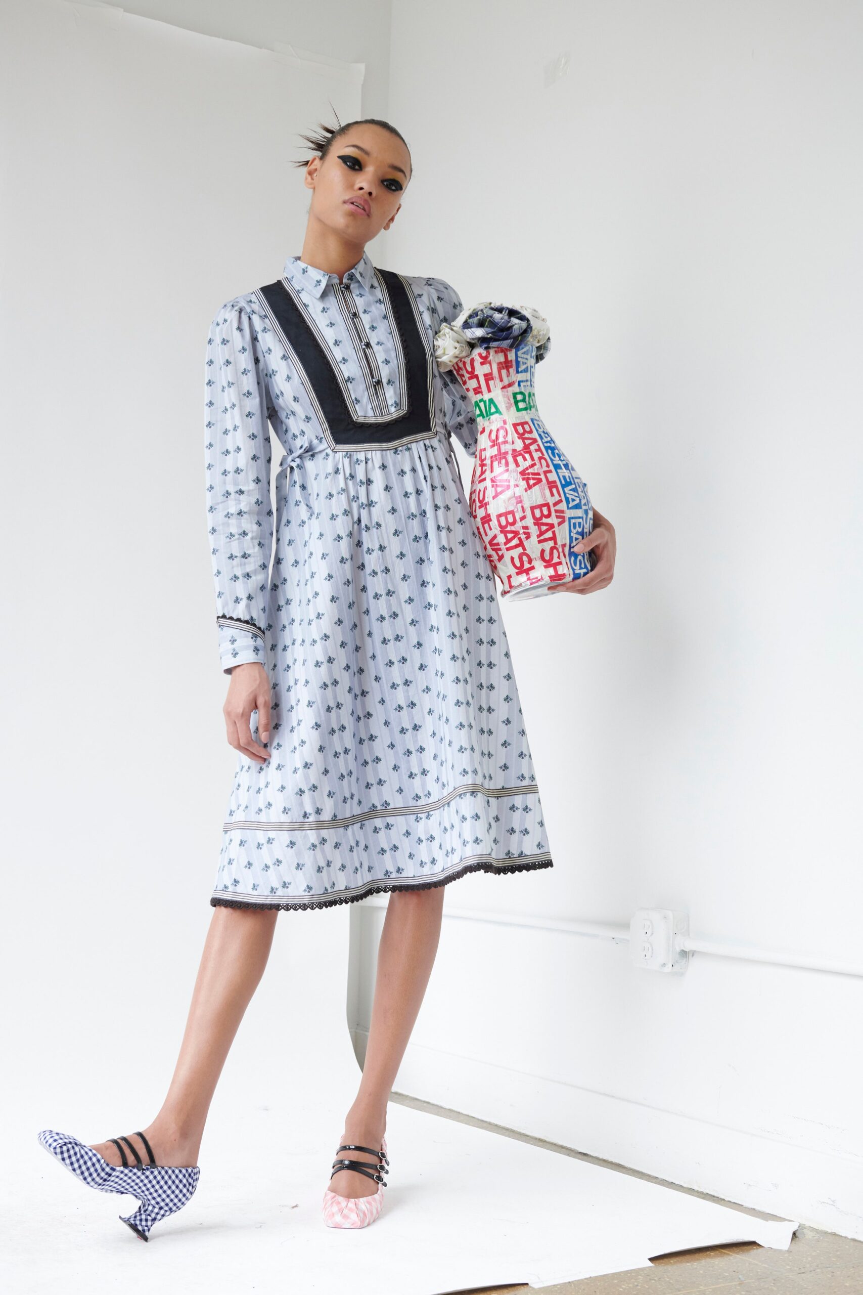 blue and white embroidered midi dress